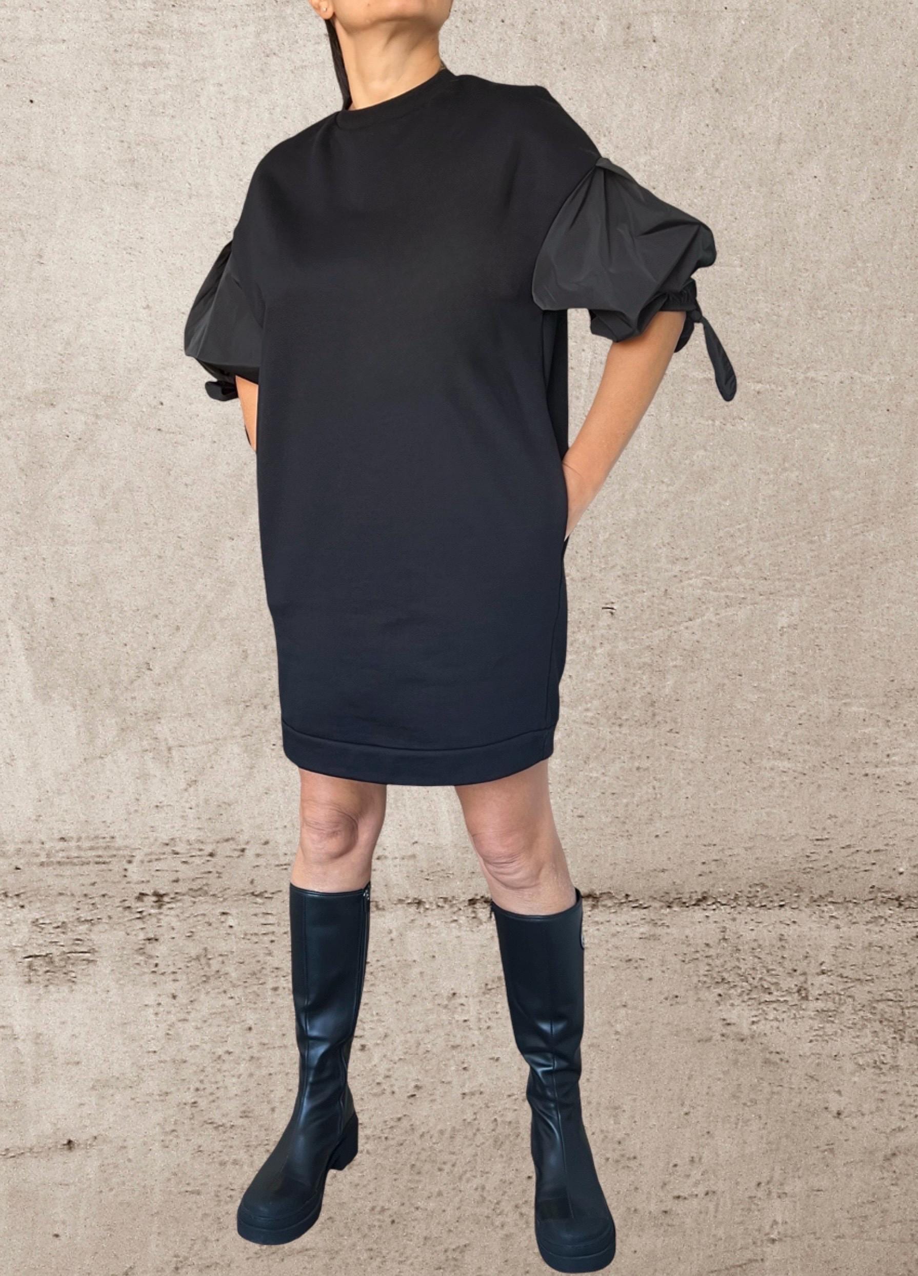 Black Cotton Tunic Dress with Balloon Sleeves – Short Puff Sleeve Dress – Oversized Minimalist Tunic – Handmade Custom XS–5XL