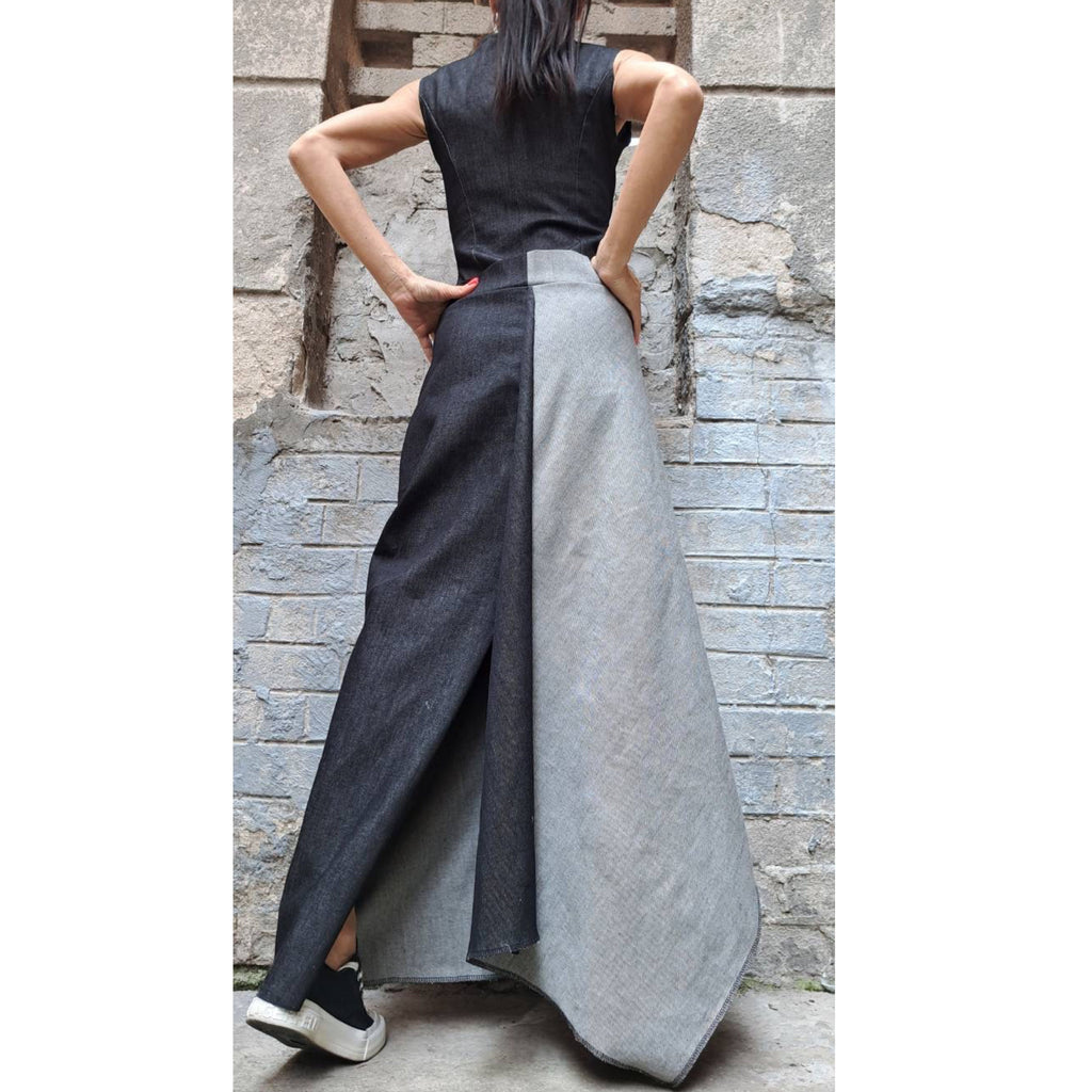 Asymmetric Denim Maxi Dress – Avant Garde A-Line Jean Dress with Side Slit / Women’s Streetwear Sculptural Dress