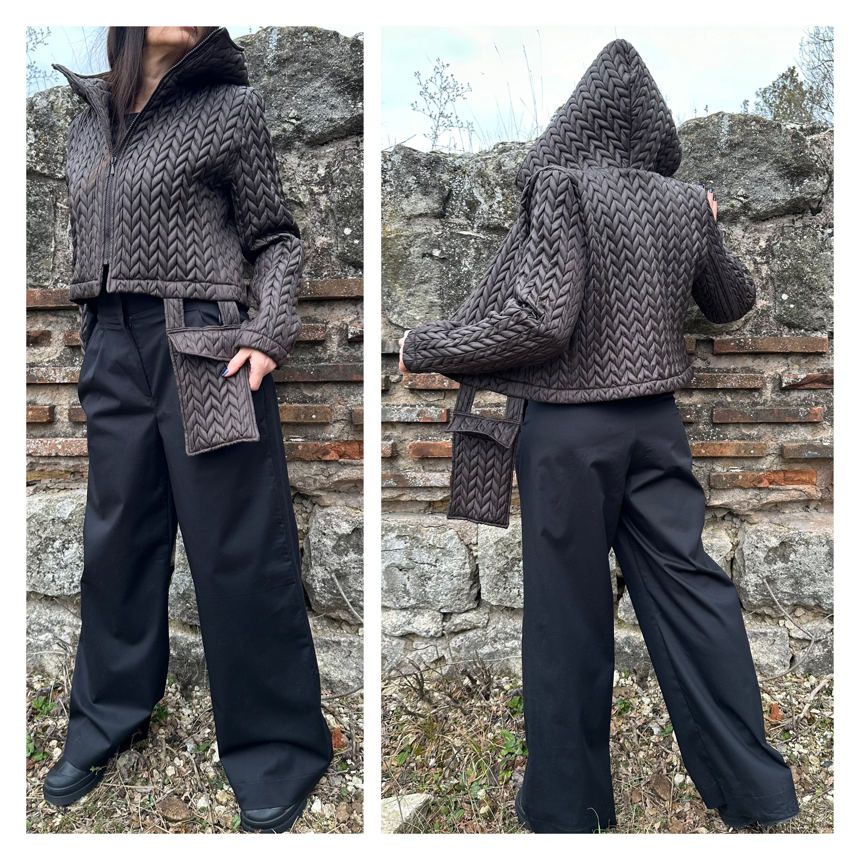 Brown Quilted Neoprene Jacket with Hood and Zipper – Asymmetric Designer Coat