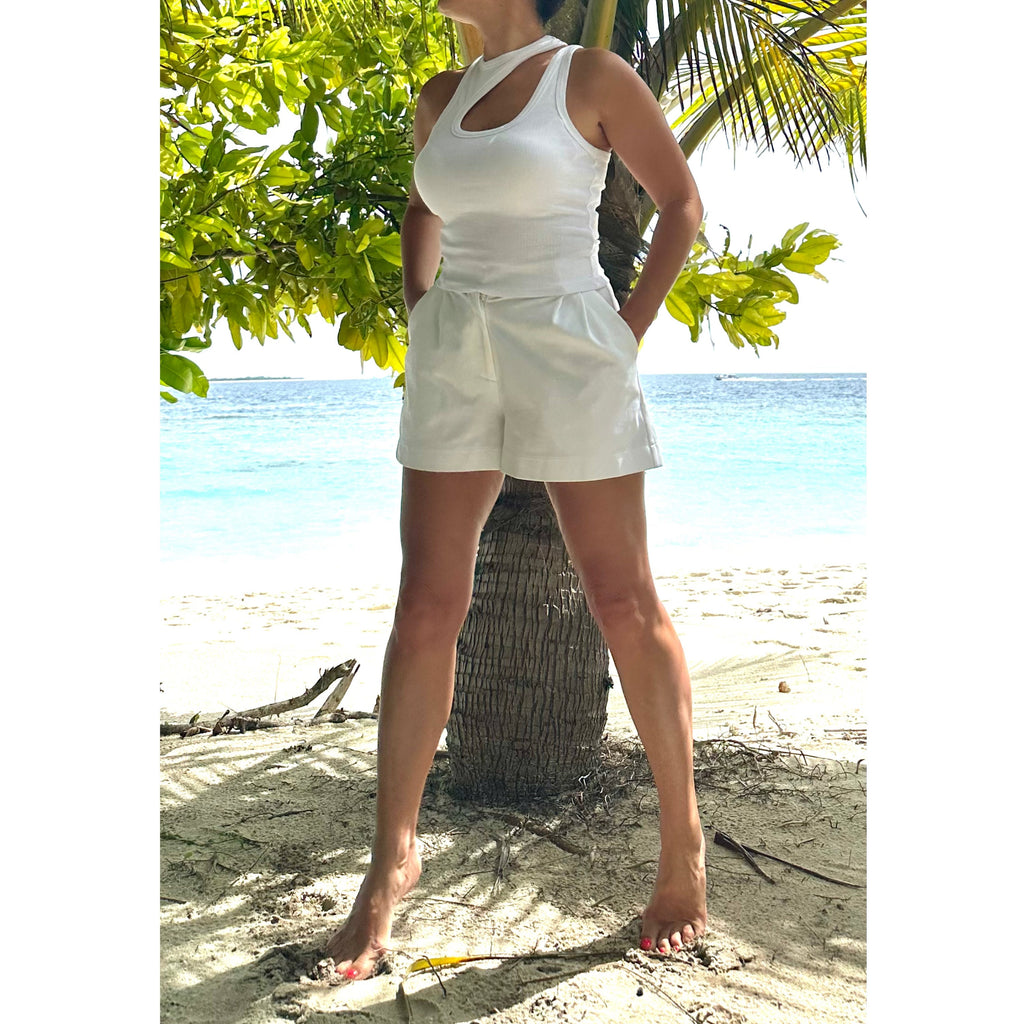 Asymmetric White Cotton Tank Top: Double Strap Sleeveless Beach Wear