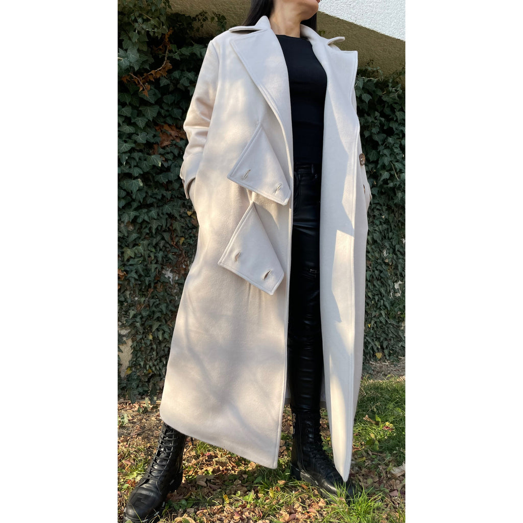 Oversized Wool Blend Coat – Long Lined Beige Overcoat with Asymmetric Button Closure