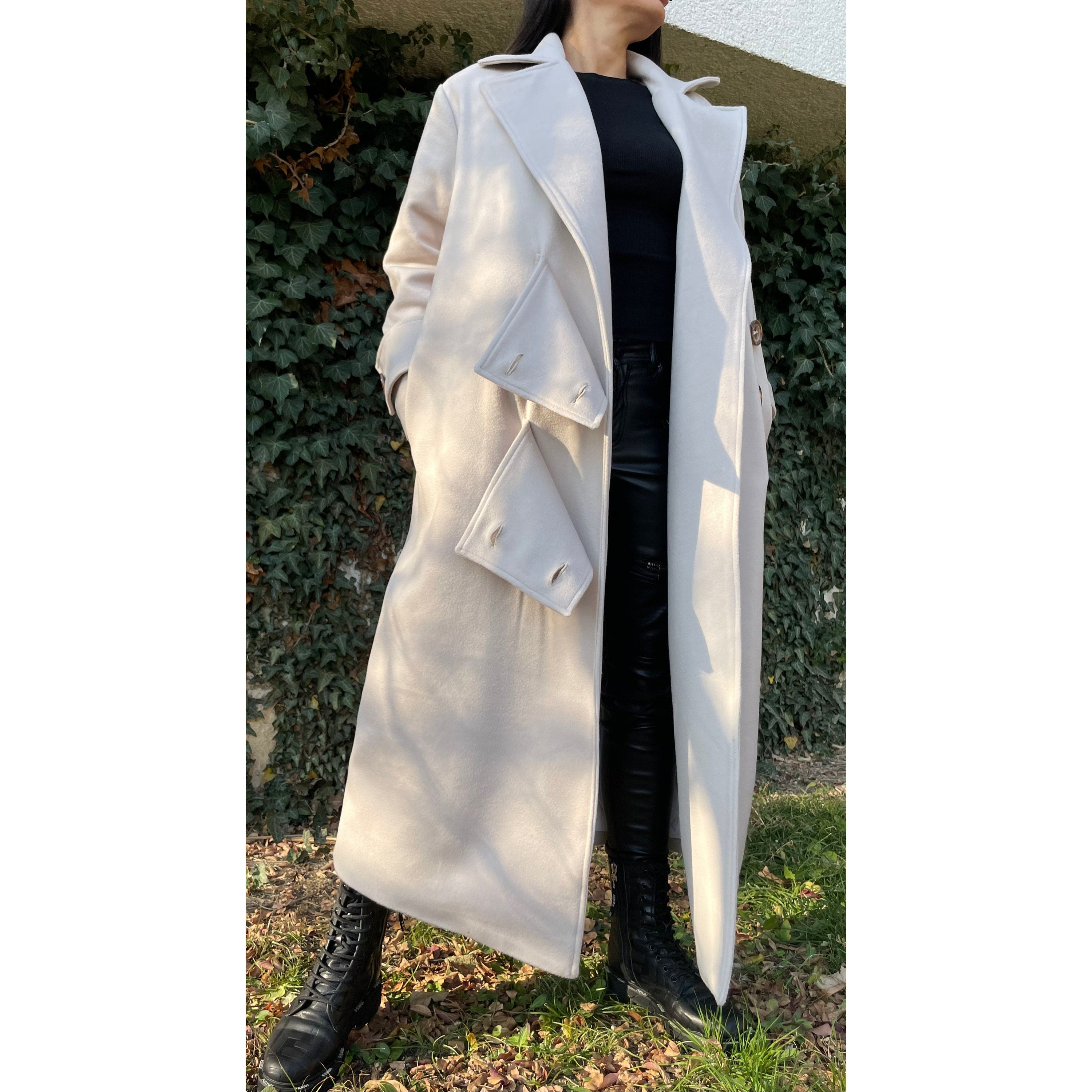Oversized Wool Blend Coat – Long Lined Beige Overcoat with Asymmetric Button Closure