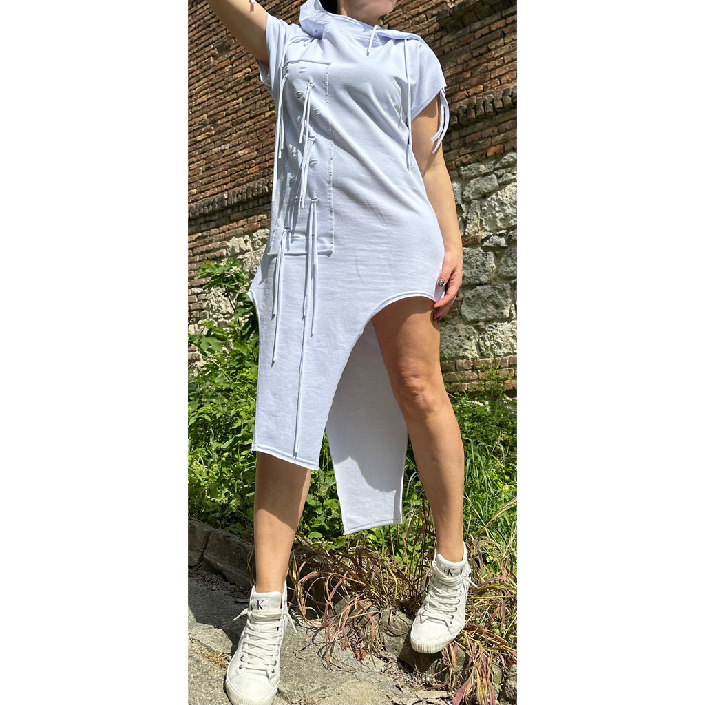 Asymmetric White Cotton Tunic: Hooded Fringe Top