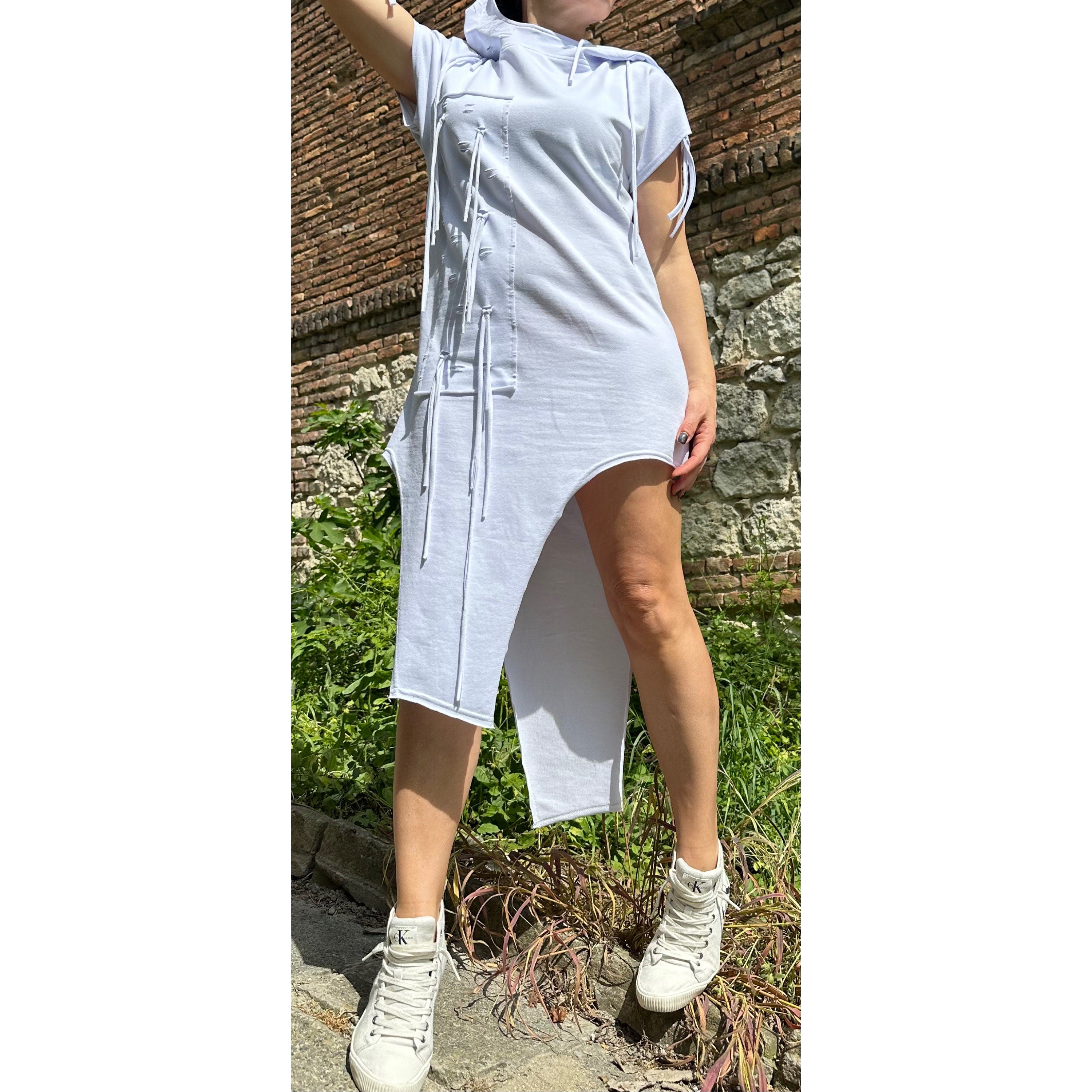 Asymmetric White Cotton Tunic: Hooded Fringe Top