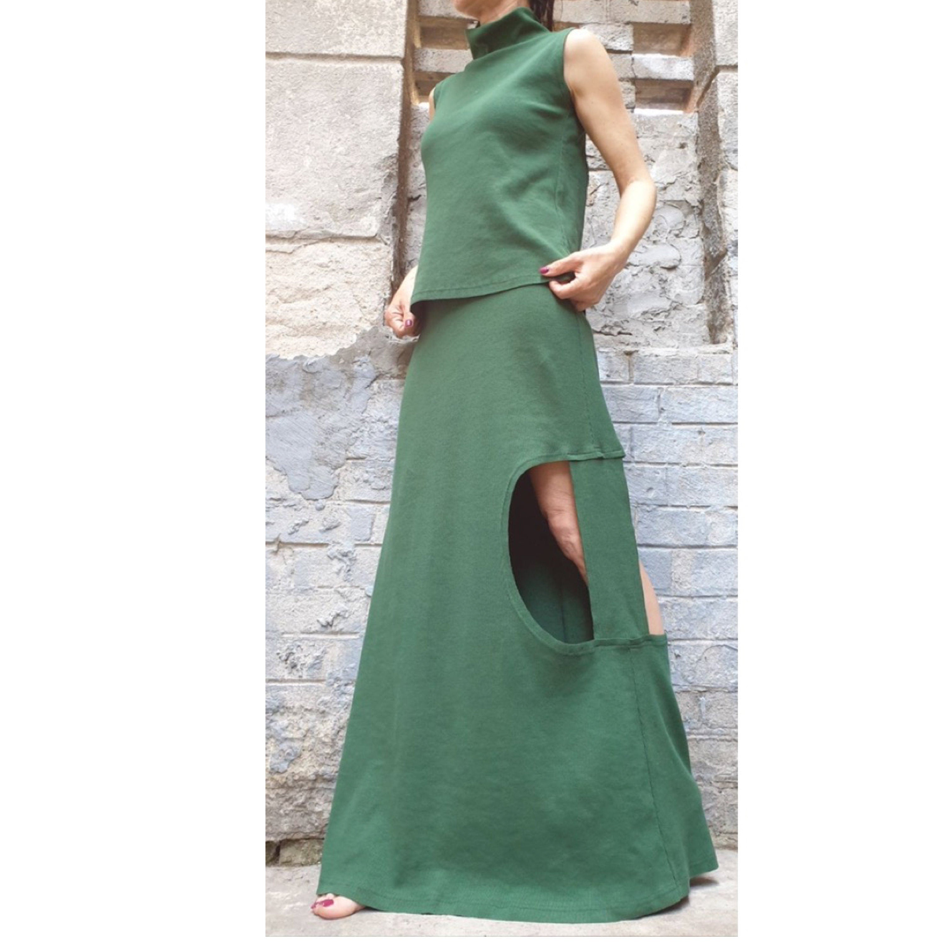 Green Cotton Two Piece Set – Sleeveless Open Back Top & High Waist Maxi Skirt / Modern Avant-Garde Summer Outfit