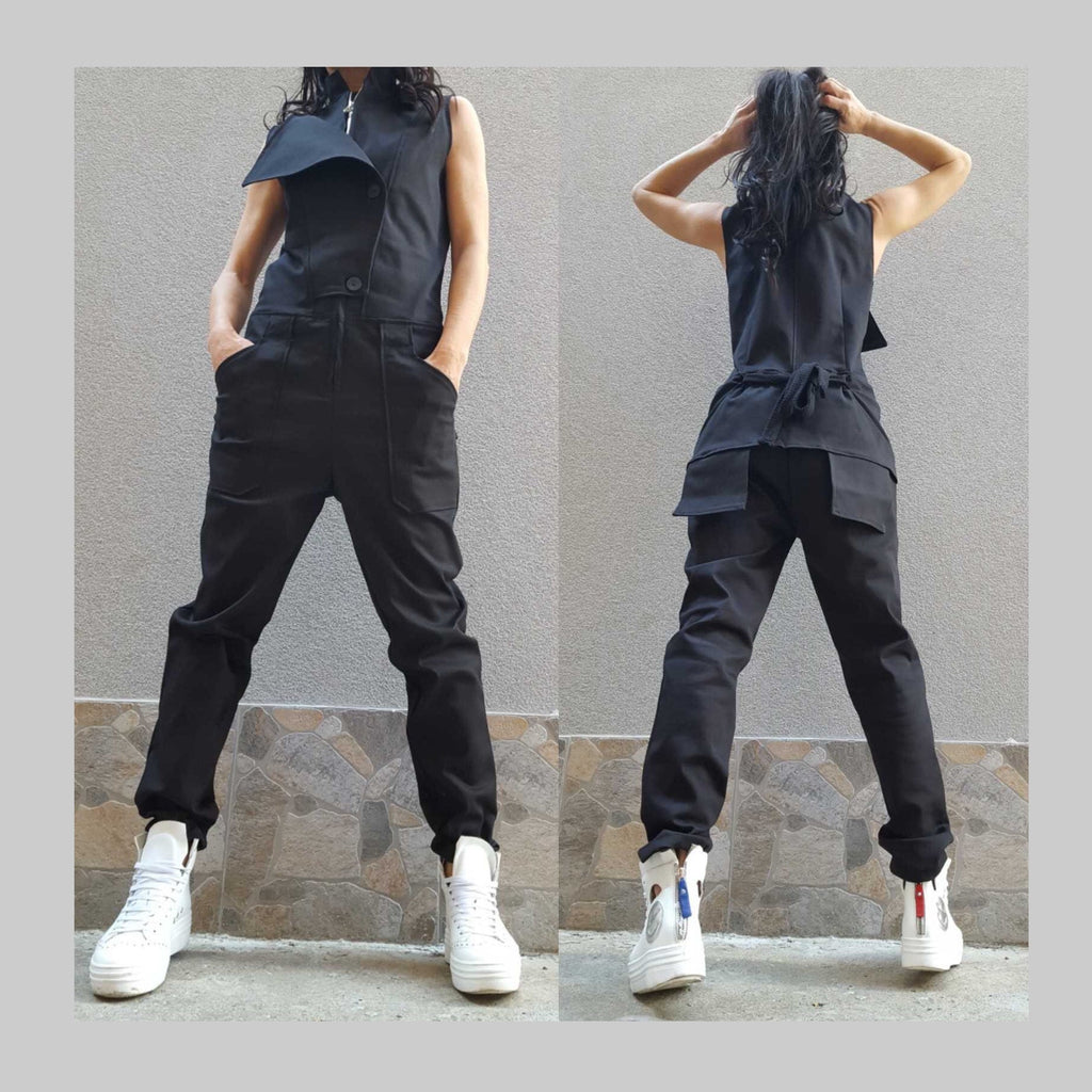 Black Cotton Jumpsuit with Asymmetric Details – Sleeveless Designer Overall