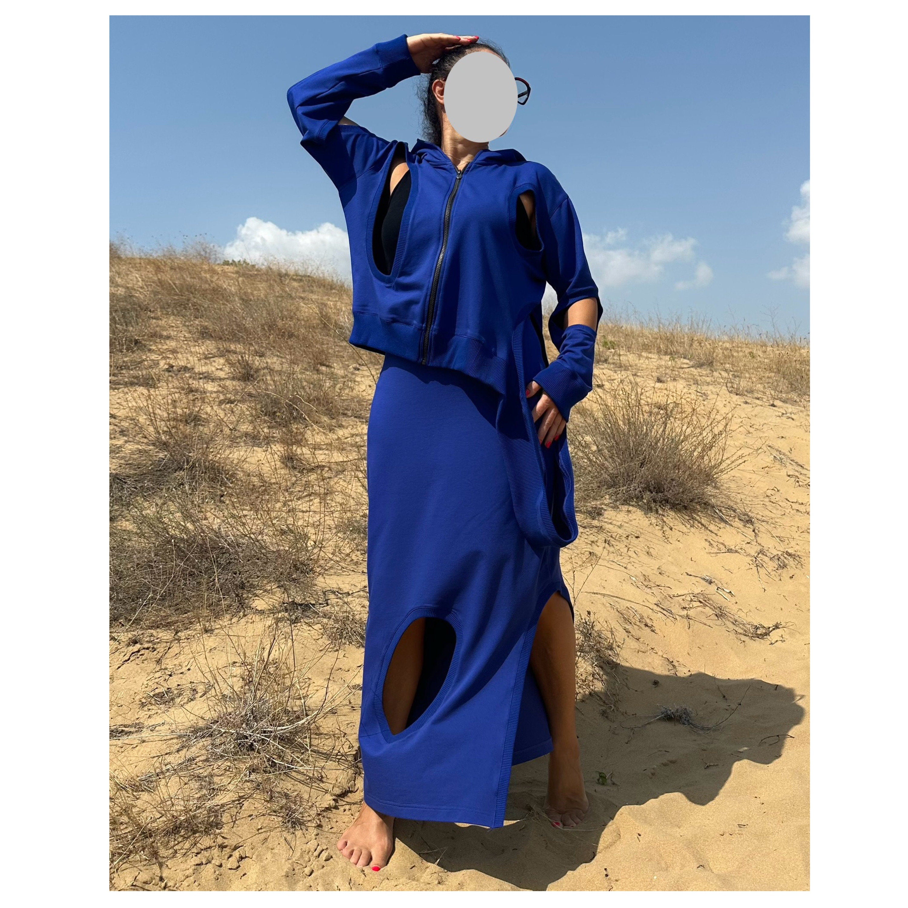 Asymmetric Cut-Out Skirt and Hoodie Set / Handmade Cotton Two-Piece Outfit / Avantgarde Streetwear