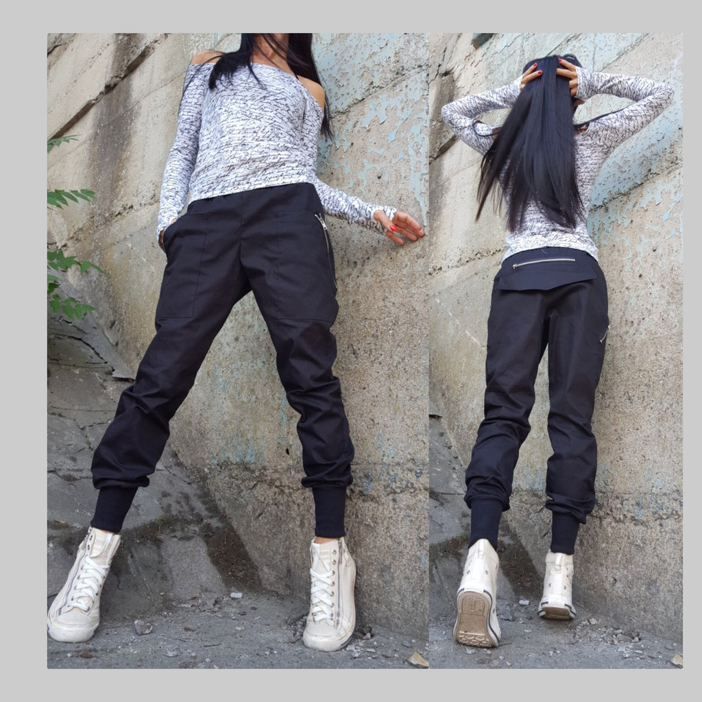 Avant-Garde Black Cotton Pants with Zippers – Urban Elastic Waist Trousers