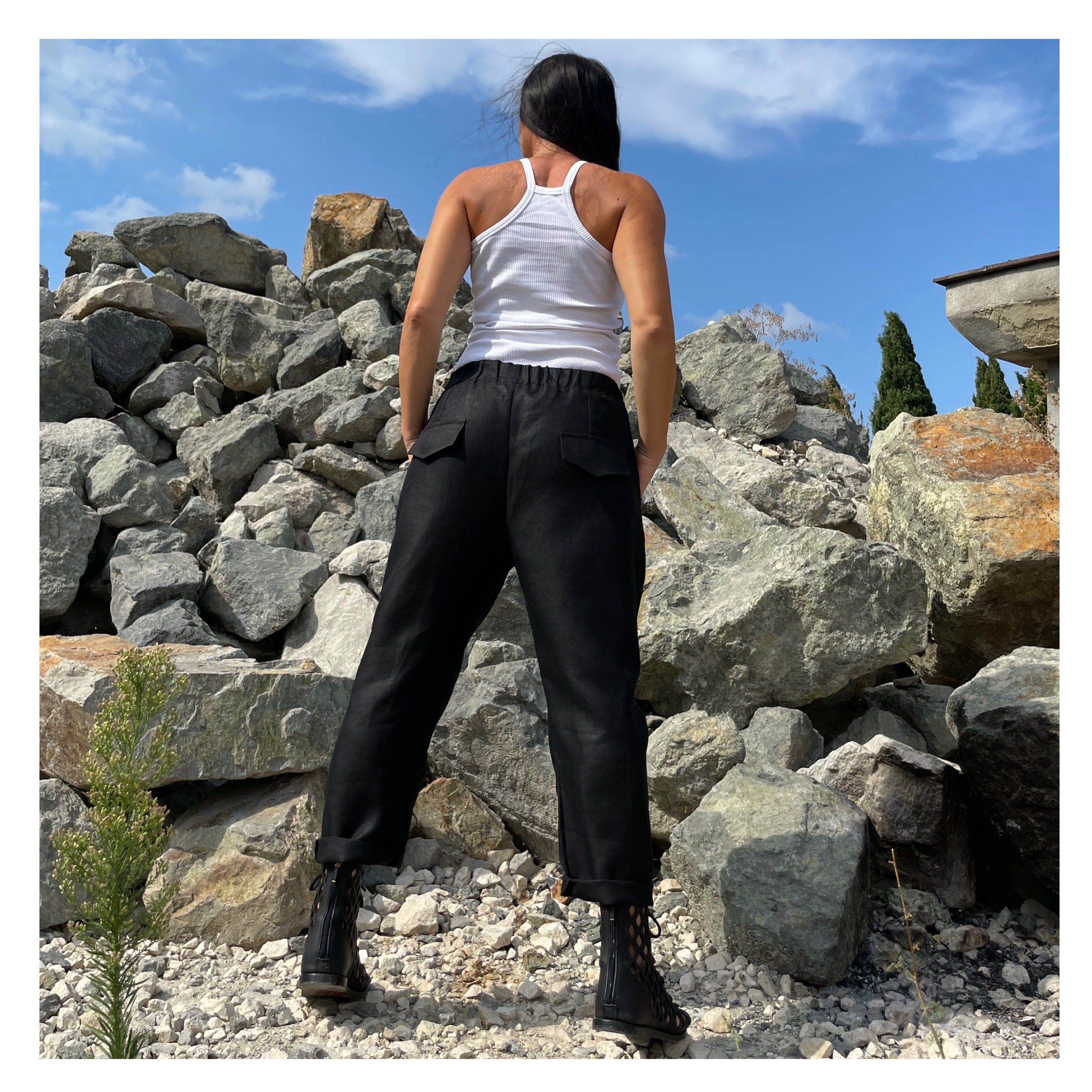 Women’s Black Linen Pants – High-Waist Drawstring Trousers with Pockets / Casual Summer Streetwear