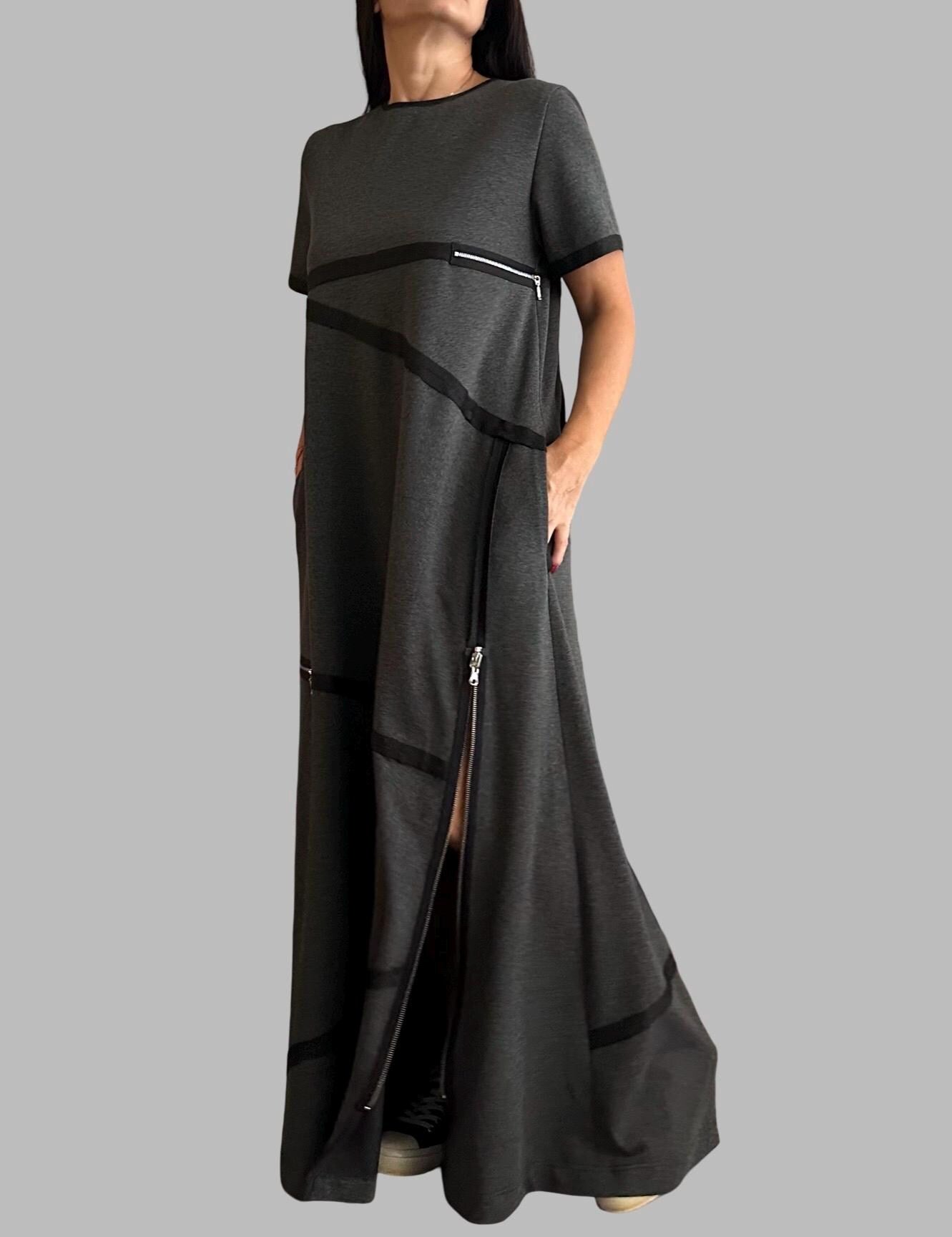 Modern Asymmetrical Maxi Dress / Cotton Urban Dress with Zipper