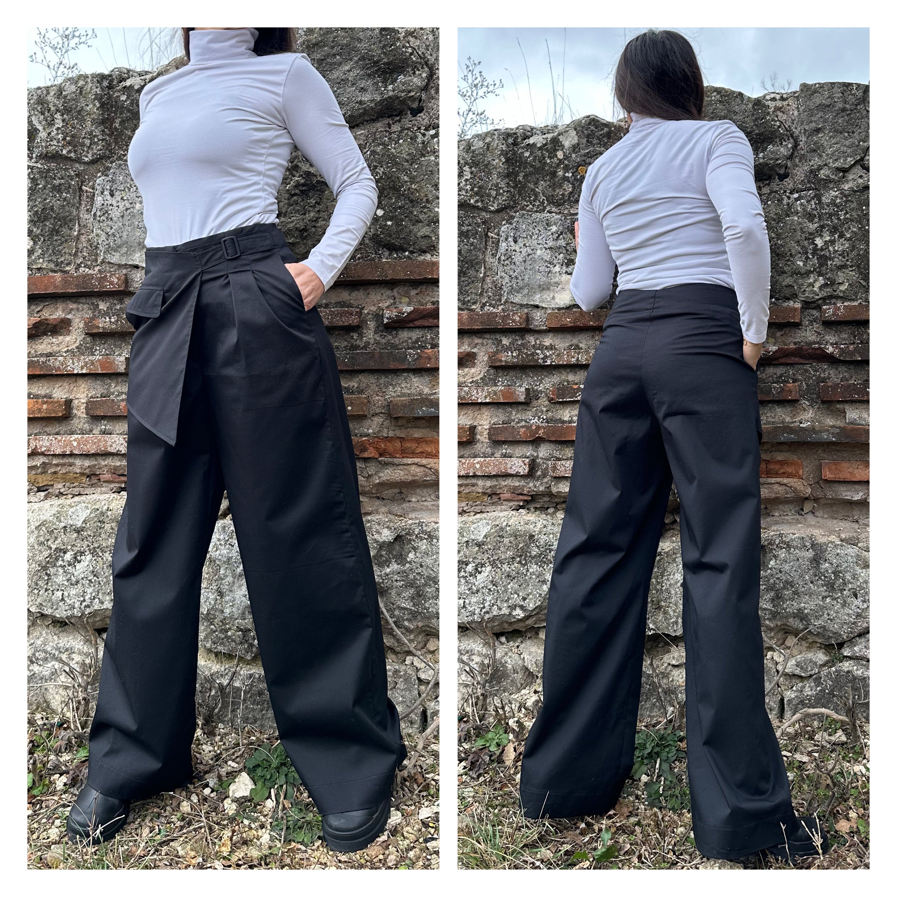 High Waist Black Wide-Leg Pants with Wrap Belt – Cotton Textured Urban Trousers