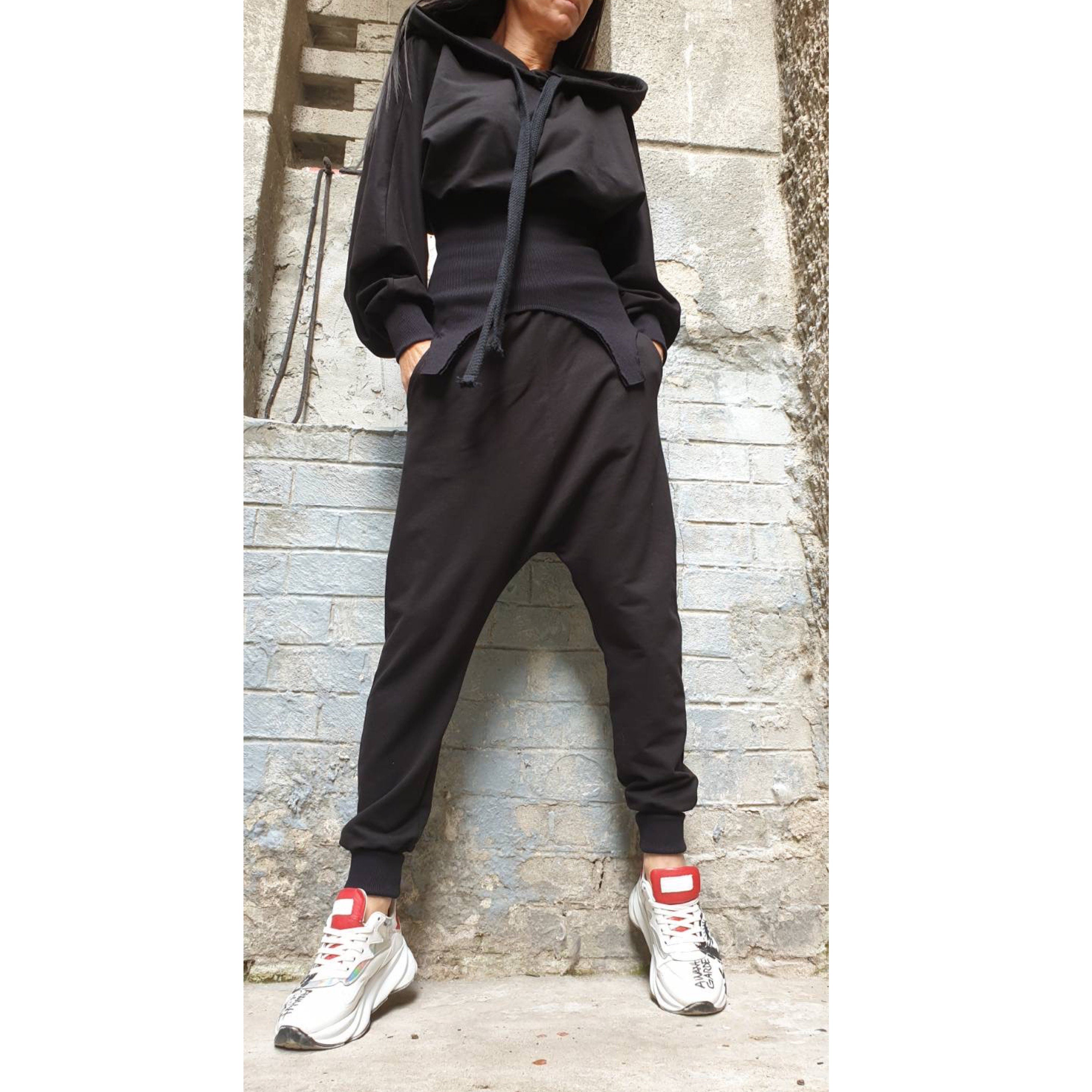 Black Cotton Tracksuit Set – Asymmetric Hoodie with Ribbed Detail & Harem Pants / Two-Piece Fleece Outfit XS–5XL