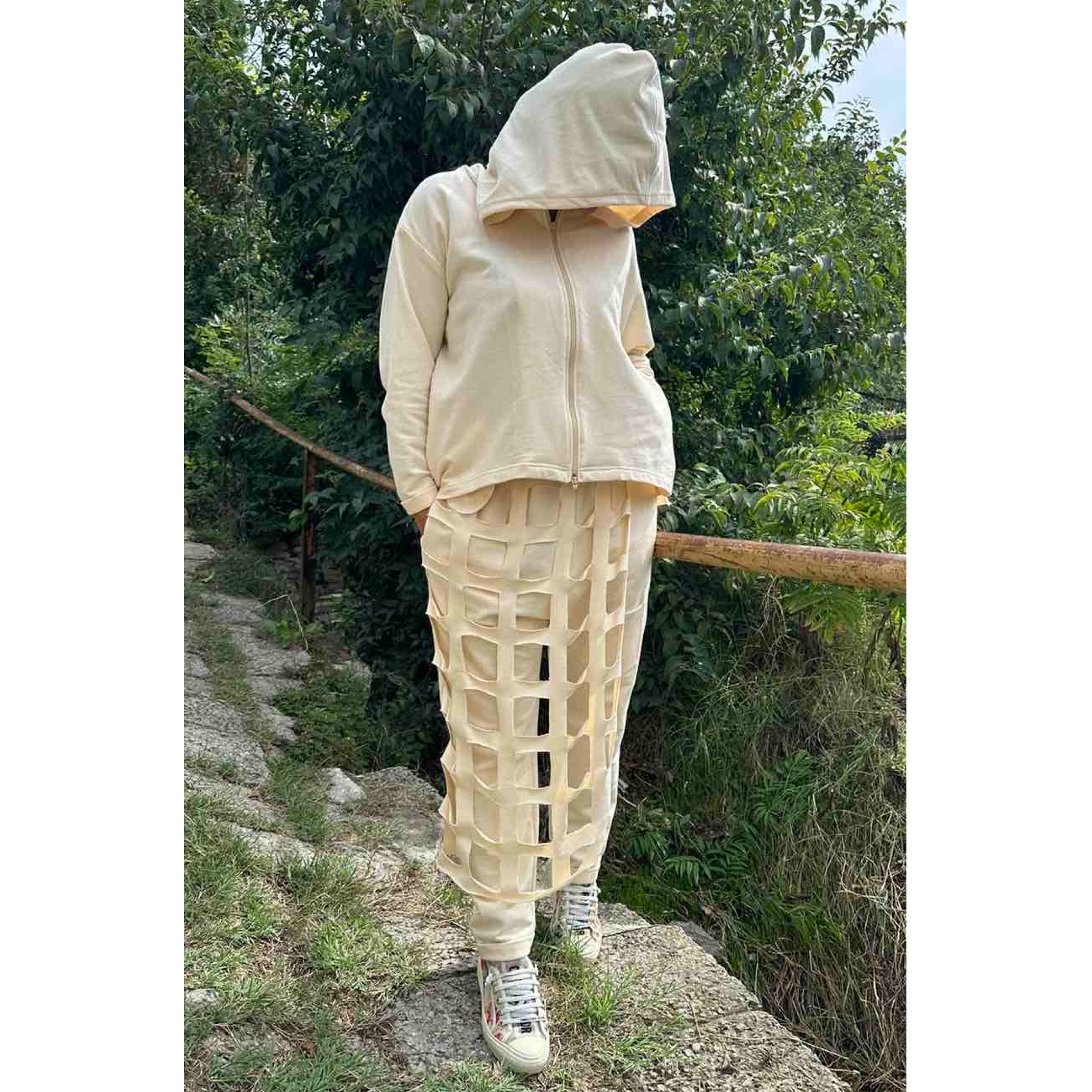 Handmade Cut-Out Hoodie and Pants Set / Designer Loungewear in Cotton-Elastane / Urban Streetwear Outfit