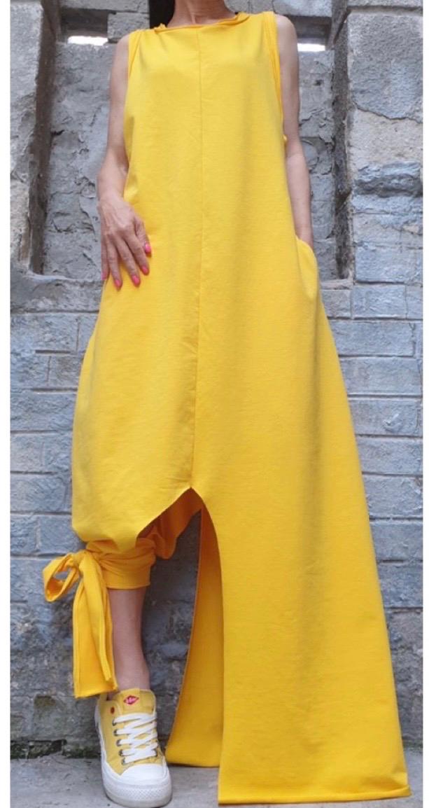 Asymmetrical Black Sleeveless Dress – Avant-Garde Cotton Maxi with Side Pockets