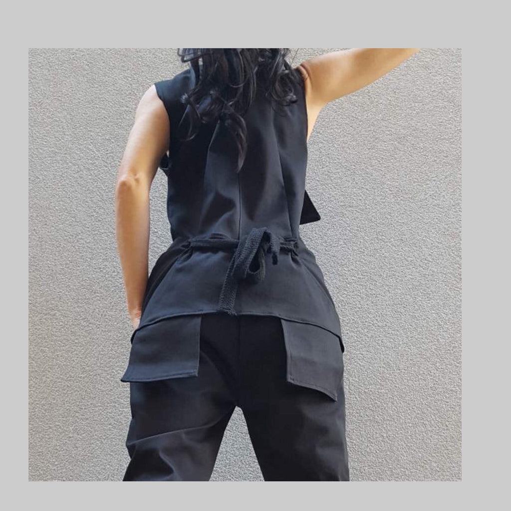 Black Cotton Jumpsuit with Asymmetric Details – Sleeveless Designer Overall