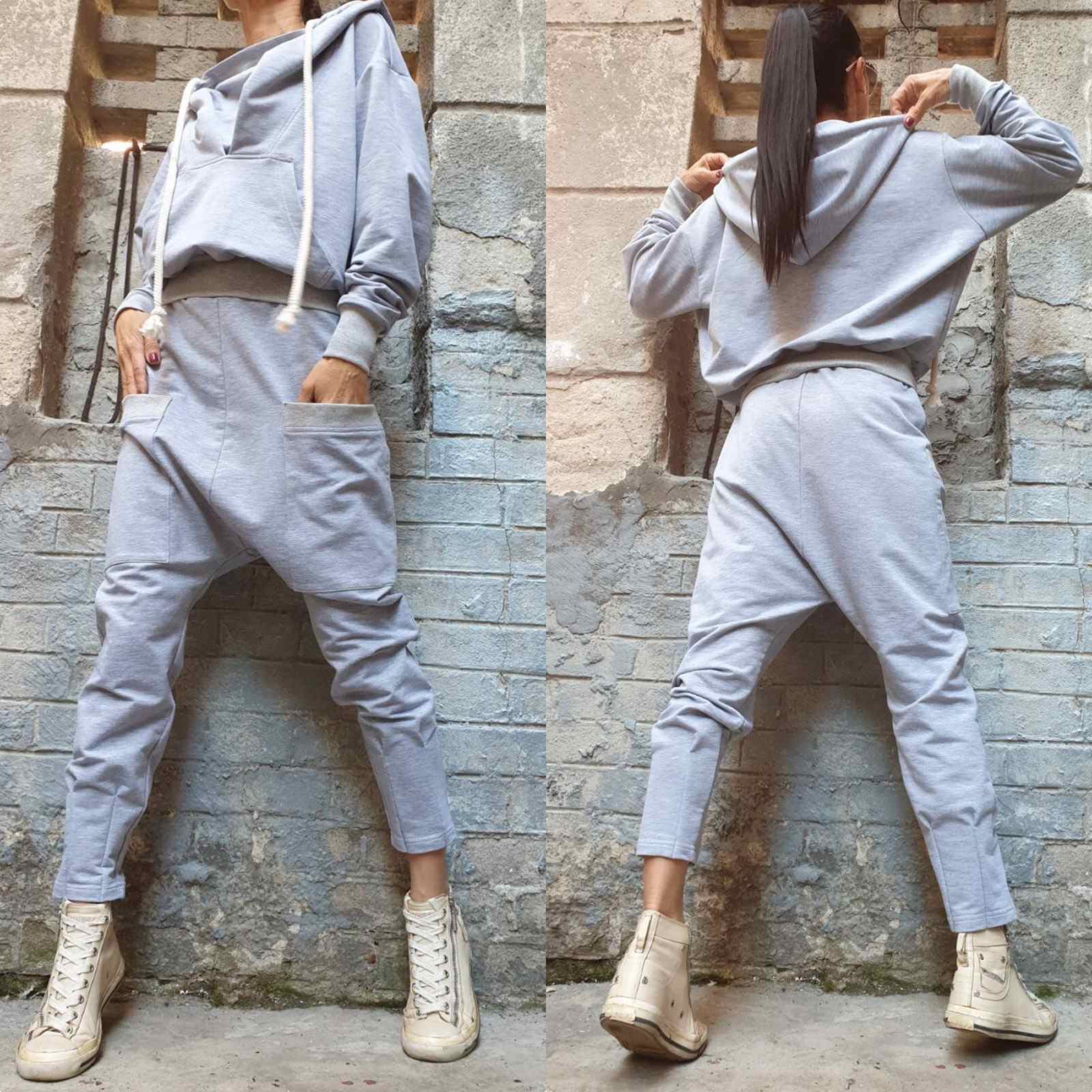 Grey Cotton Tracksuit Set – Women’s Hoodie & Drop-Crotch Harem Pants / Minimalist Streetwear Two-Piece / XS–5XL