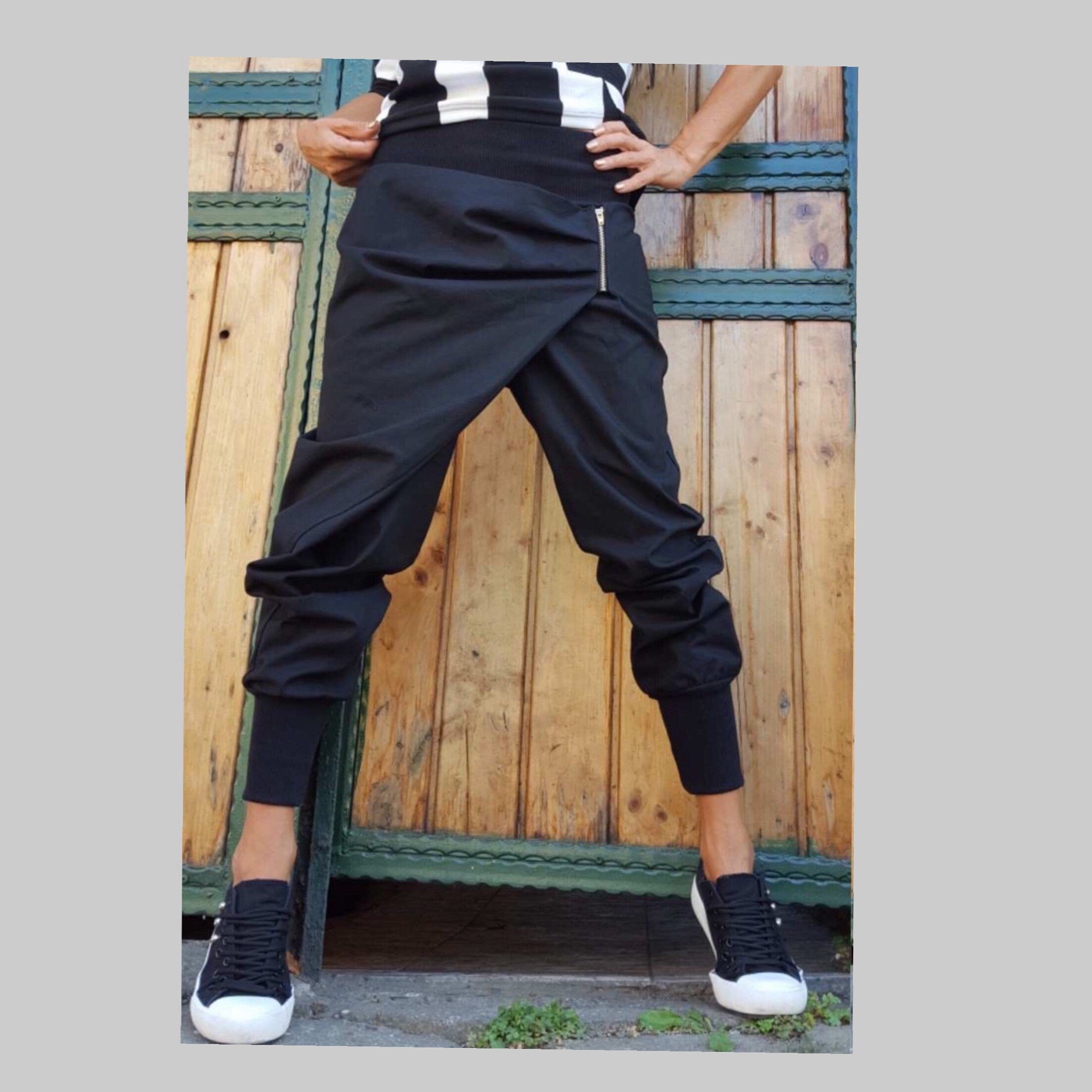 Asymmetric Black Cotton Pants – Women’s Avant-Garde Stretch Trousers with Elastic Waist & Cuffed Legs / Designer Streetwear