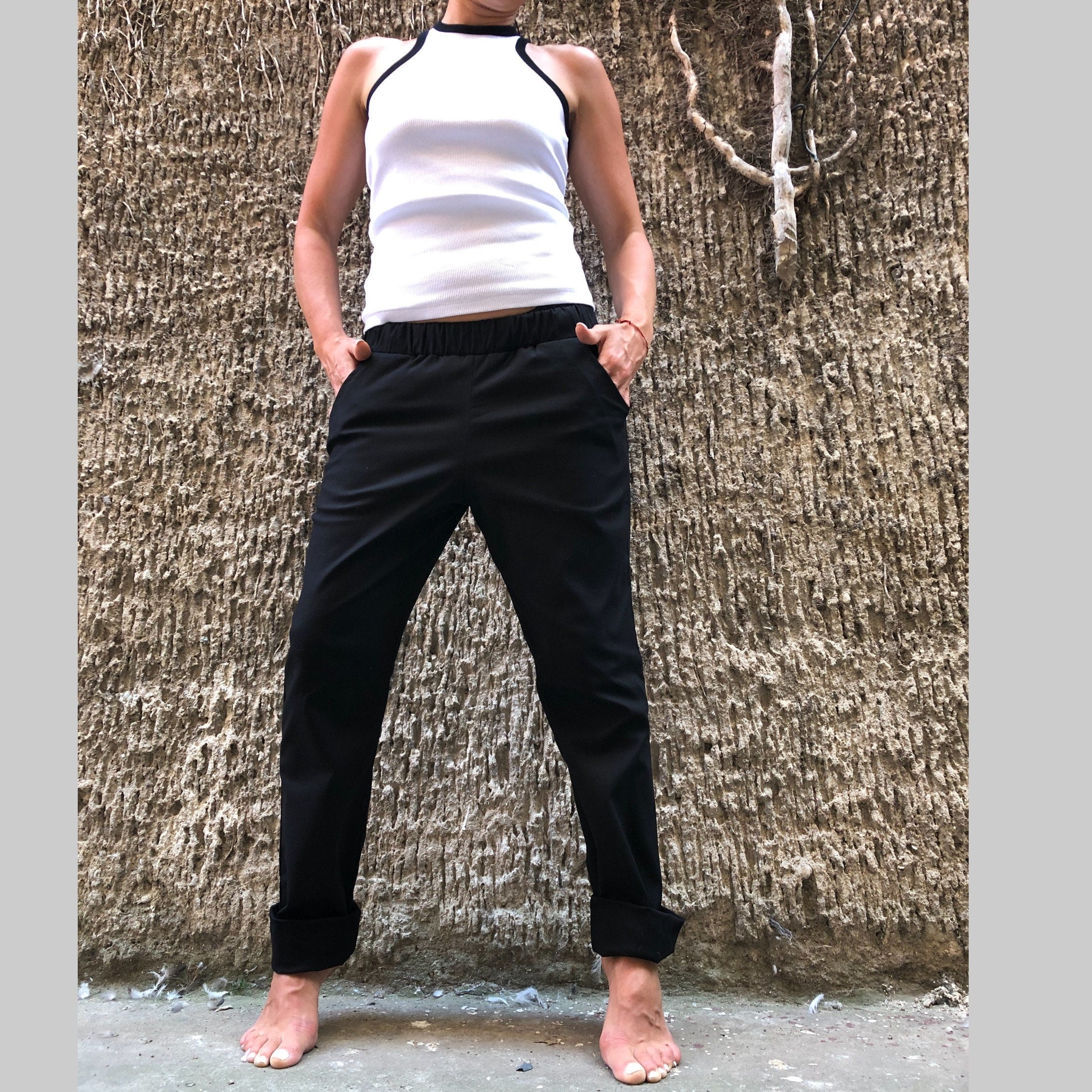 Women’s Casual Cotton Pants – High-Waist Elastic Trousers with Side Pockets / Everyday Straight-Leg Pants / Minimalist Soft Fabric Pants