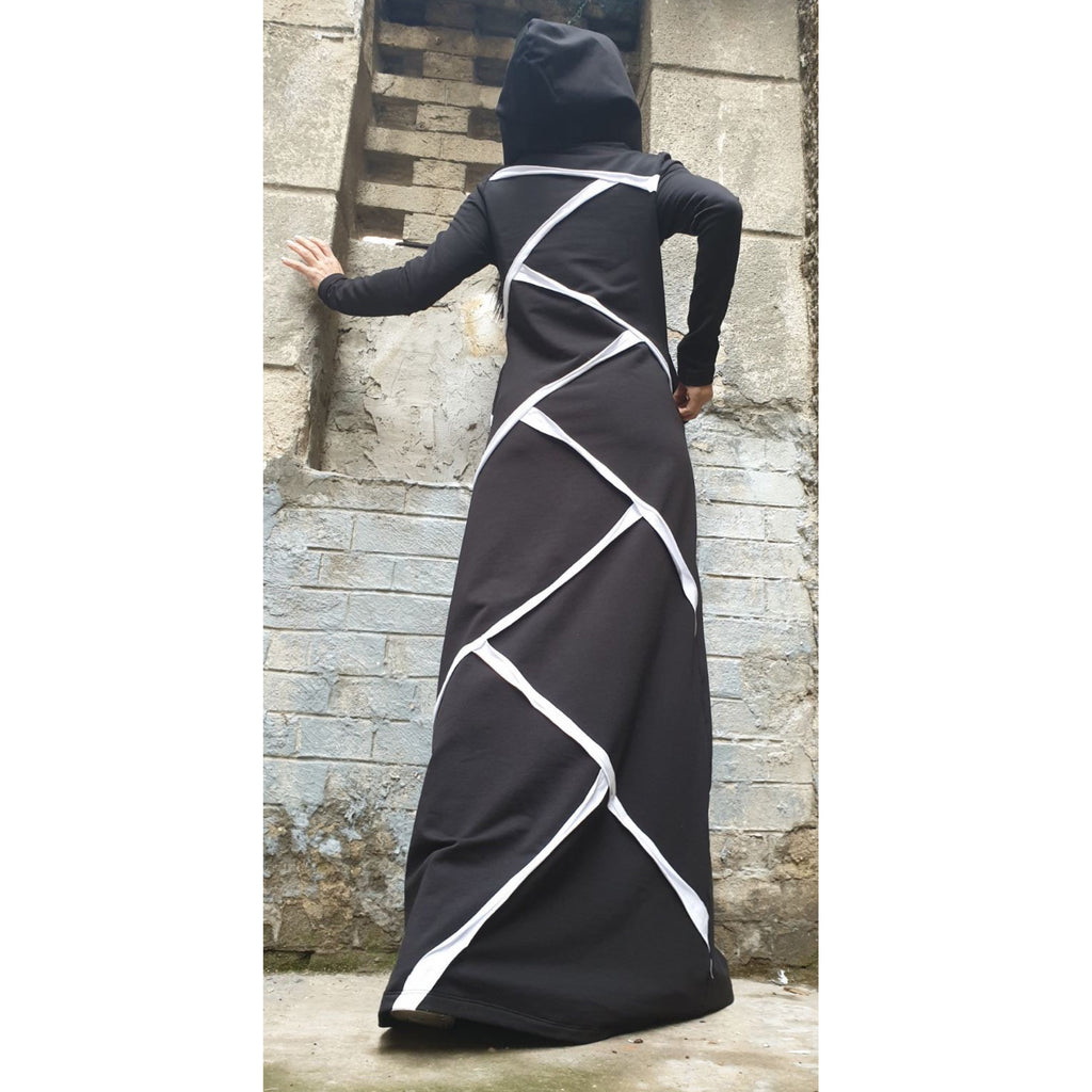 Black Hooded Maxi Dress – Asymmetric Cotton Dress with White Trim / Long Sleeve Avant-Garde Dress with Pockets / Cotton Blend Fleece  XS–5X