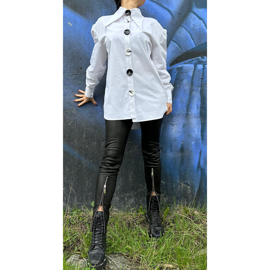 Extravagant White Cotton Shirt: Long Sleeve High Neck Button Shirt