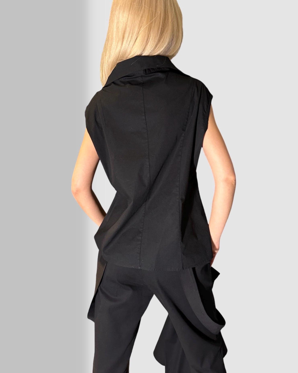 Avant-Garde Black Women’s Shirt / Two-Piece Sleeveless Shirt with Detachable Long Sleeve / Designer Statement Top