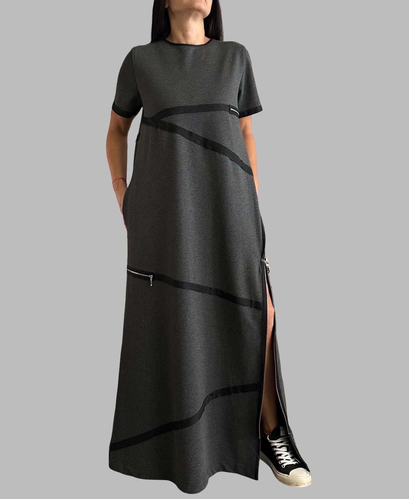 Modern Asymmetrical Maxi Dress / Cotton Urban Dress with Zipper