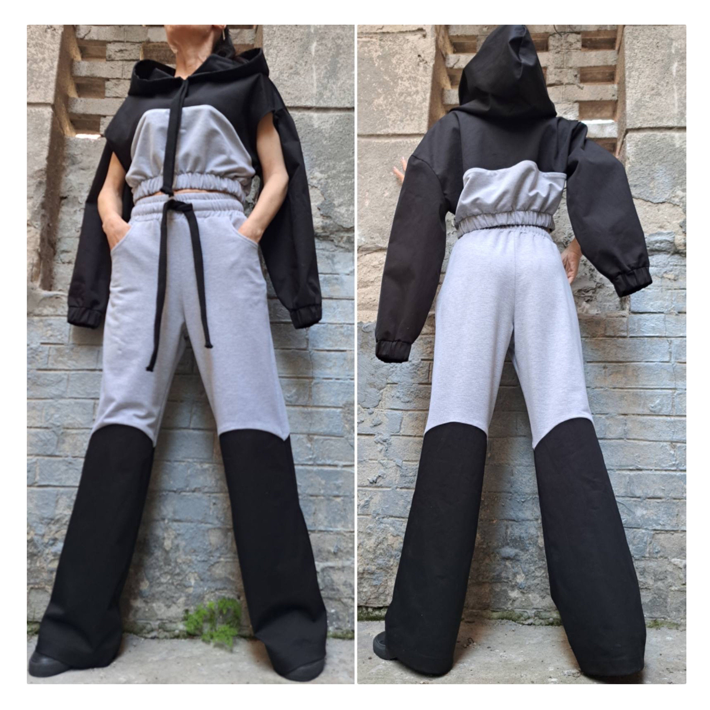 Urban Two-Piece Cotton Set – Cropped Hooded Top & High Waist Pants / Grey and Black Women’s Outfit