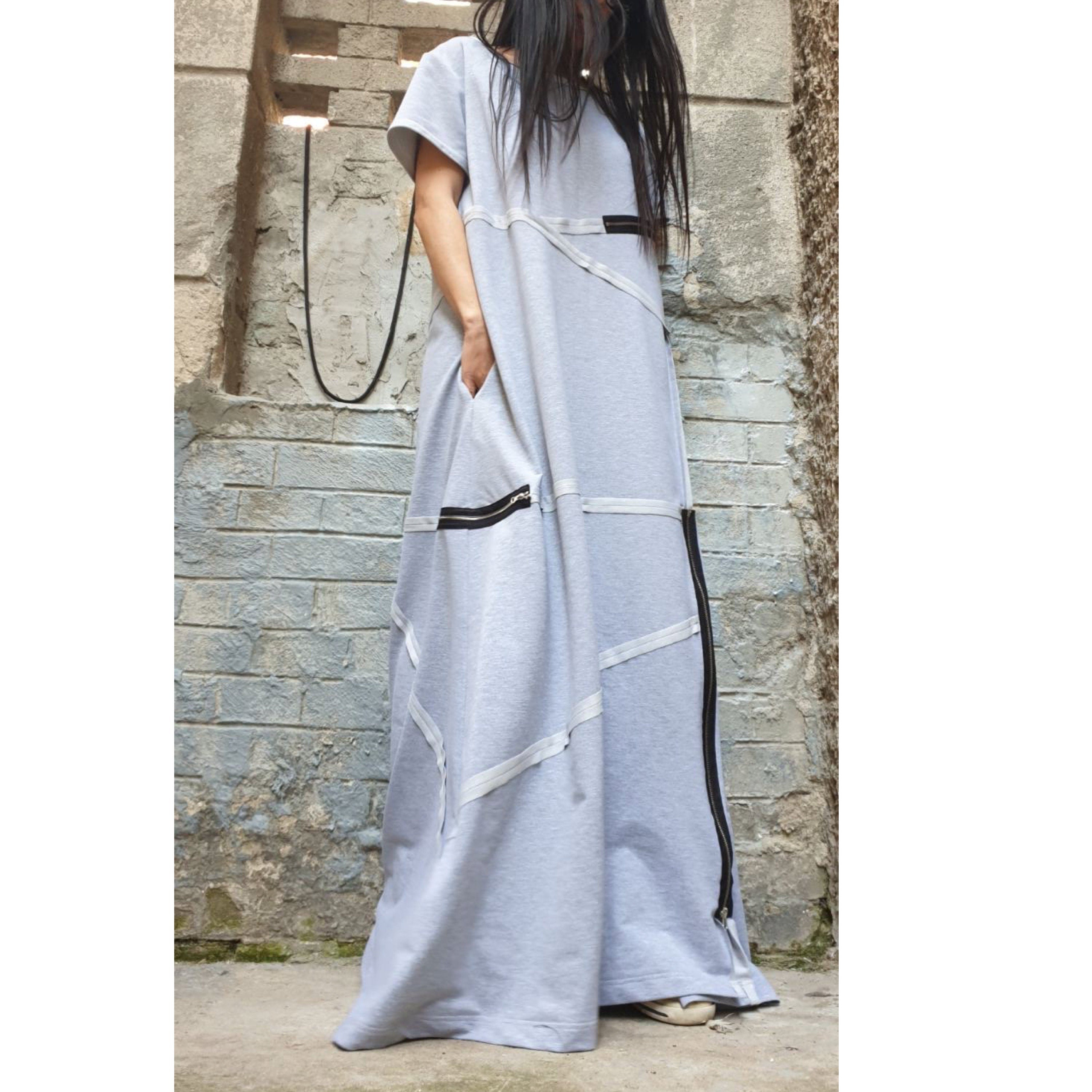 Grey Maxi Designer Dress – Avant-Garde Cut Dress with Zippers & Exposed Seams / Cotton Fleece Jersey / Oversized Architectural Dress XS–5XL