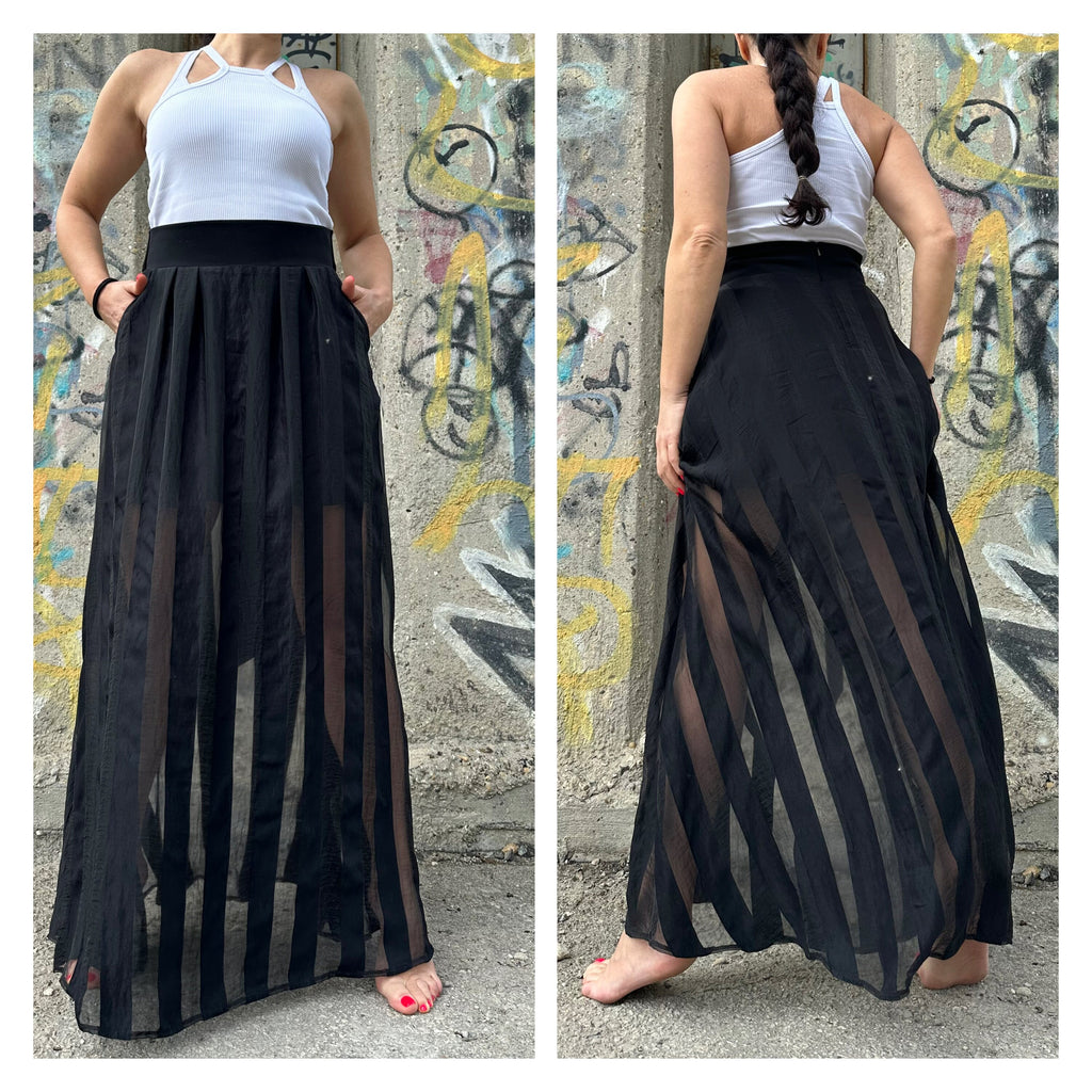 Black Maxi Skirt – High Waist with Cotton and Sheer Organza Stripes