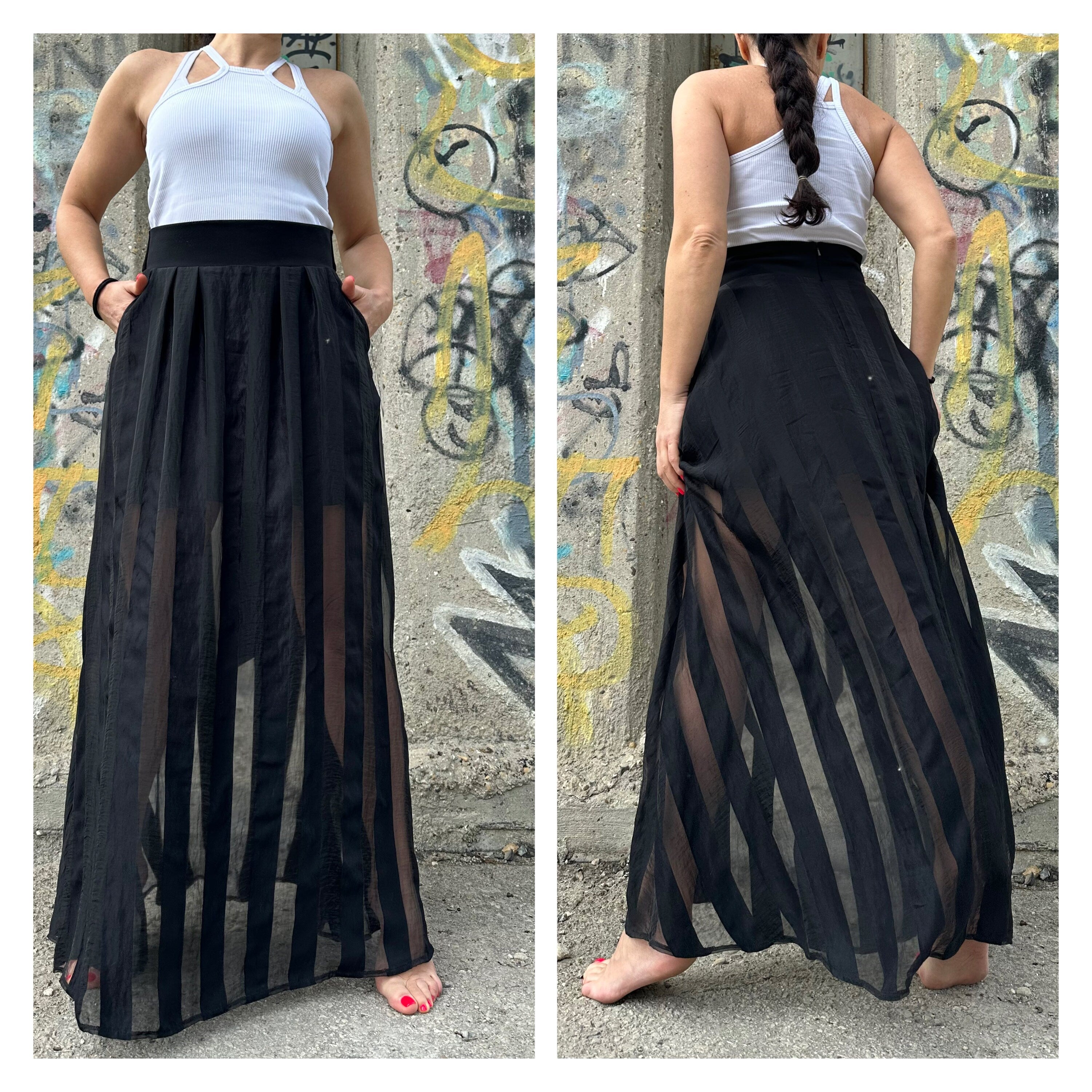 Black Maxi Skirt – High Waist with Cotton and Sheer Organza Stripes