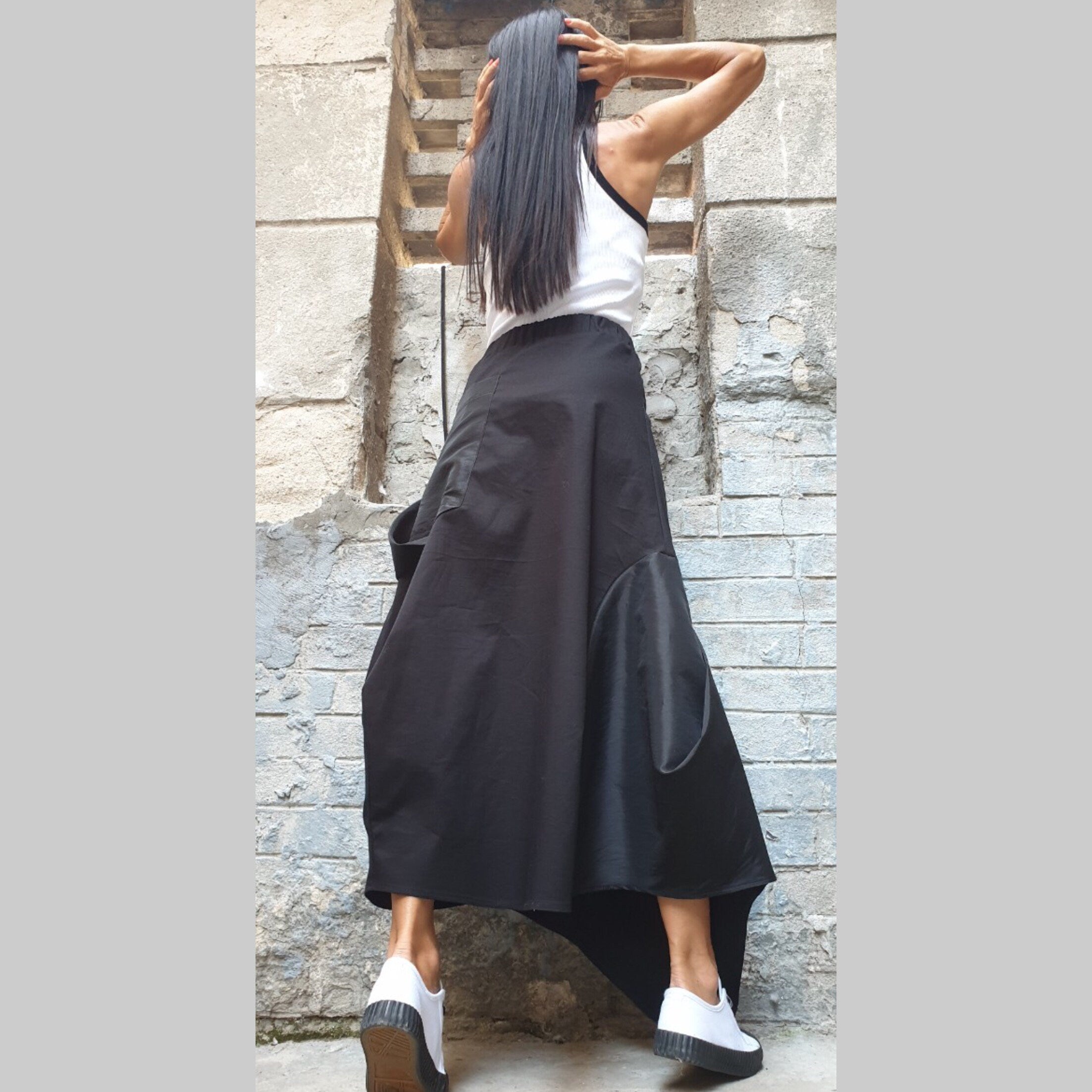 Asymmetric Black Maxi Skirt with Pocket – Avant-Garde High Waist Cotton Skirt