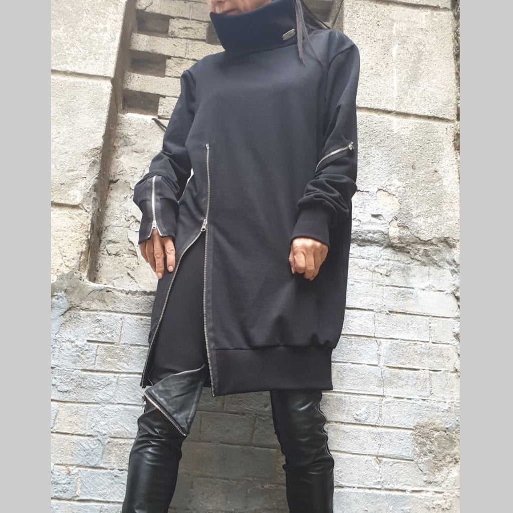 Asymmetric Black Cotton Tunic with Zipper / High Collar Long Blouse / Avant-Garde Urban Top for Women