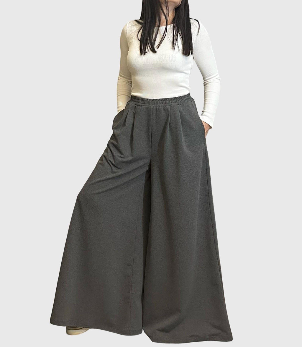 Dark Gray Cotton Palazzo Pants with Elastic Waist / High Waist Wide Leg Skirt Pants / Casual Comfortable Maxi Trousers