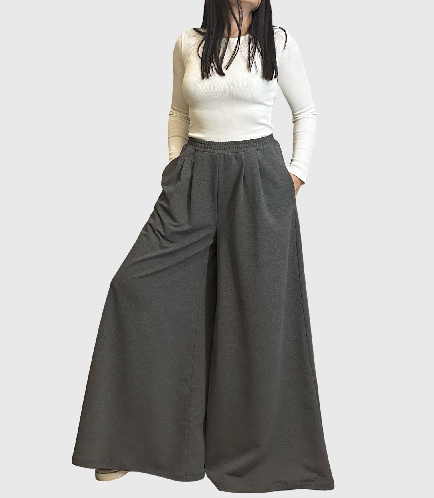 Dark Gray Cotton Palazzo Pants with Elastic Waist / High Waist Wide Leg Skirt Pants / Casual Comfortable Maxi Trousers
