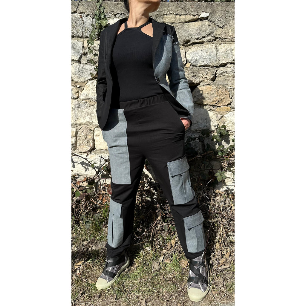 Women’s Two-Piece Suit – Cotton & Denim Blazer and Pants Set / Asymmetric Urban Style