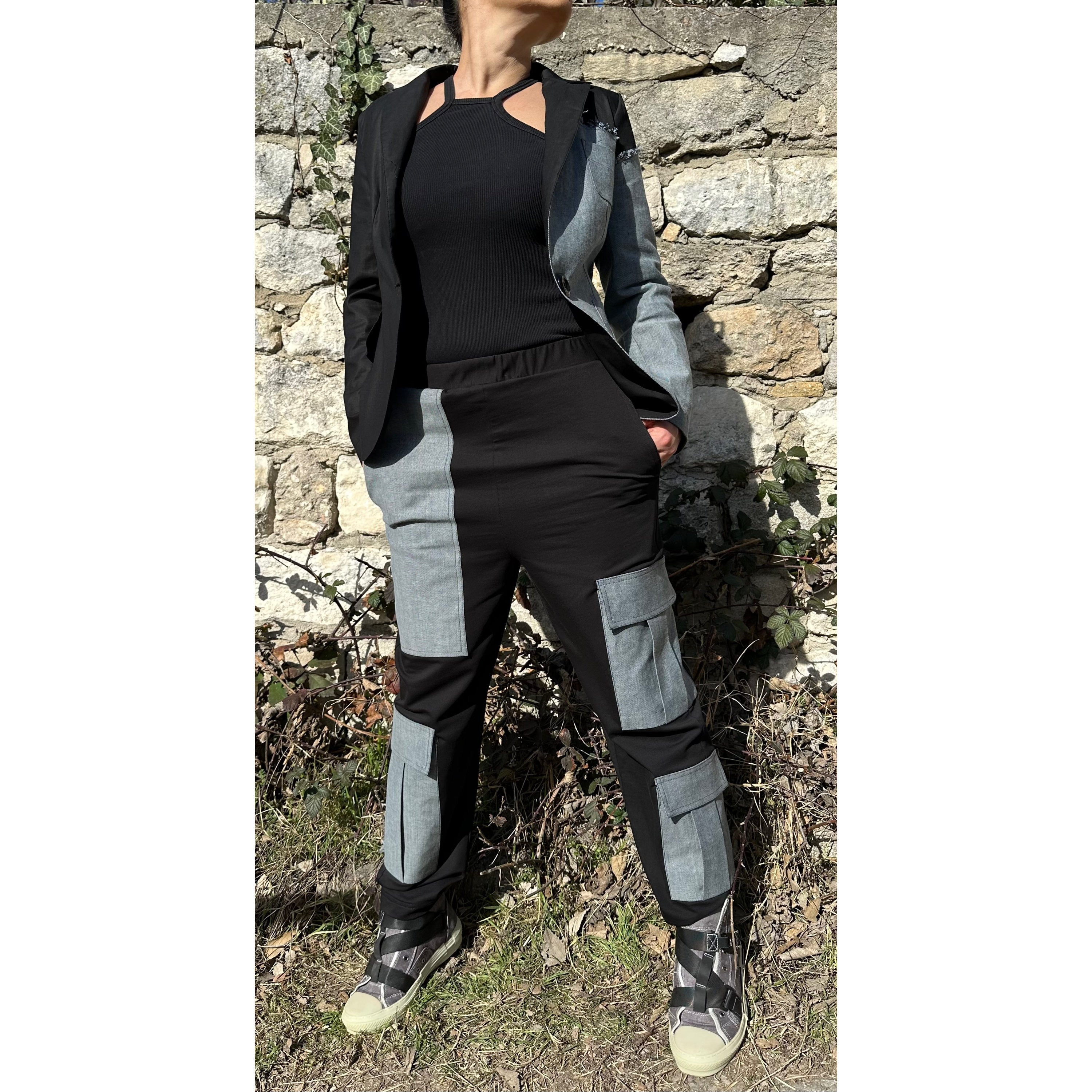 Women’s Two-Piece Suit – Cotton & Denim Blazer and Pants Set / Asymmetric Urban Style