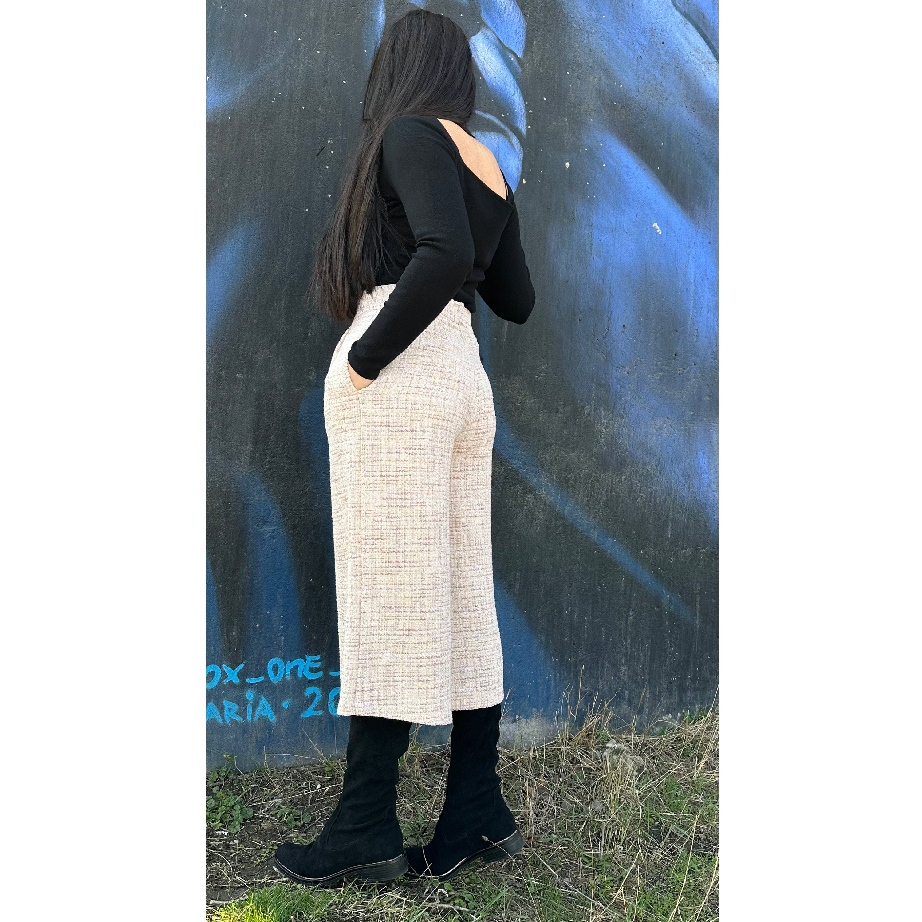 High Waist Beige Culottes: Wide Leg Cropped Pants