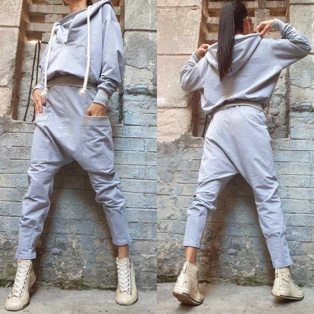 Cotton Hooded Blouse: Sport Elegant Grey Long Sleeve Top