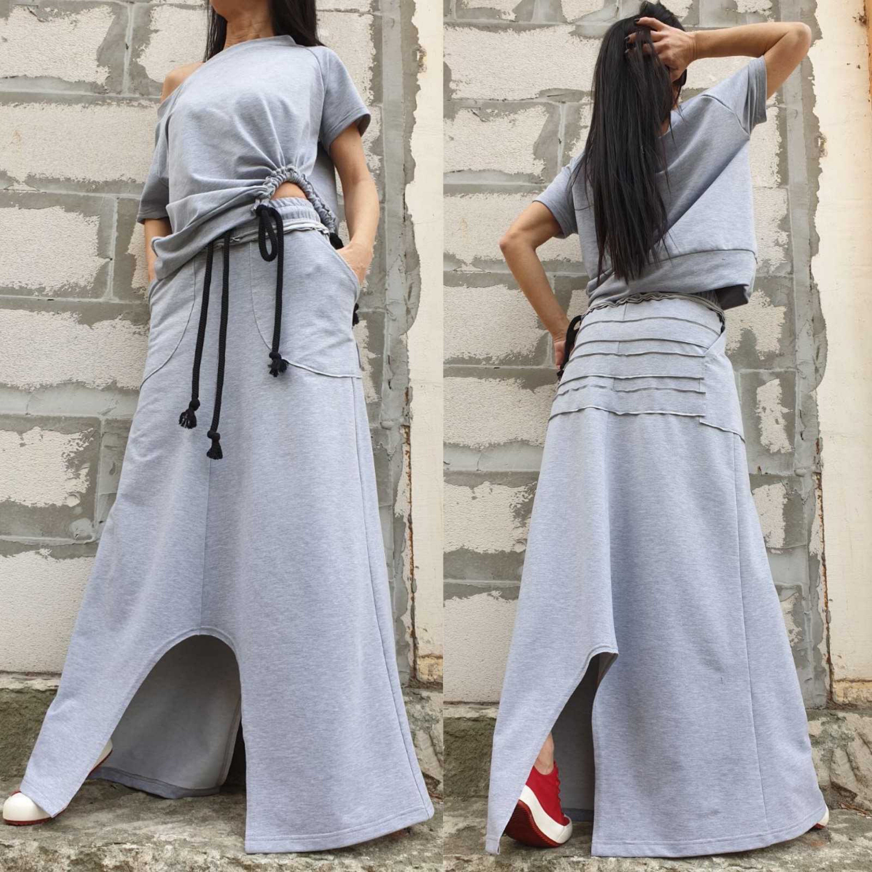 Asymmetric One Shoulder Cotton Blouse with Drawstring / Grey Short Sleeve Top / Urban Casual Designer Shirt