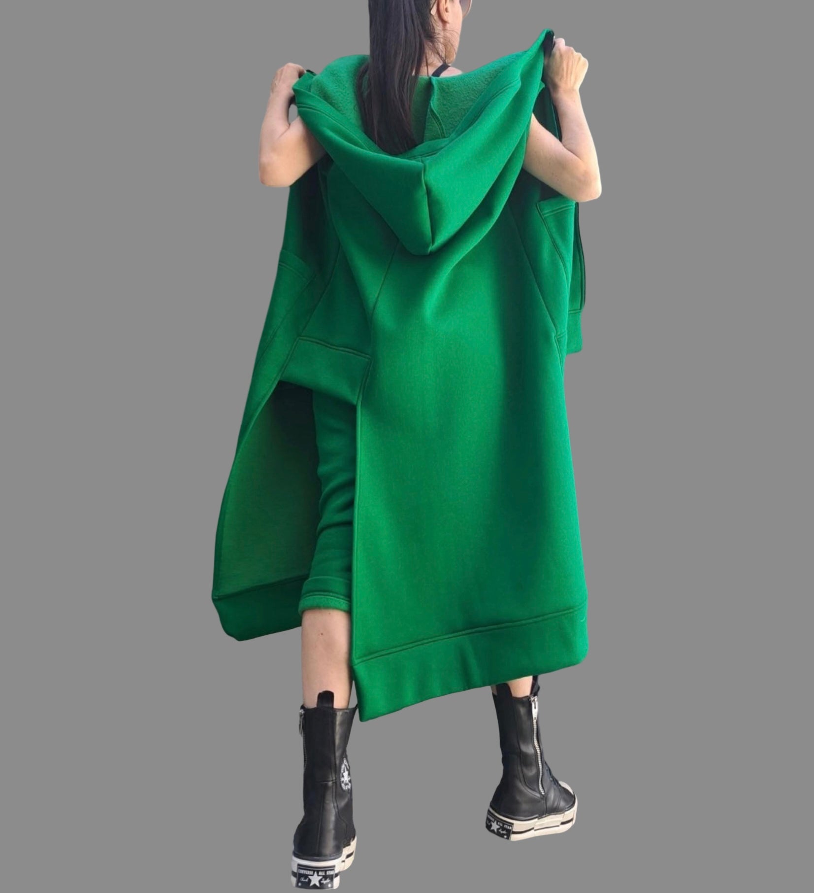 Asymmetric Green Vest & Pants Set / Winter Cotton Outfit with Hood / Three-Thread Fleece Tracksuit / Designer Women’s Set XS–5XL