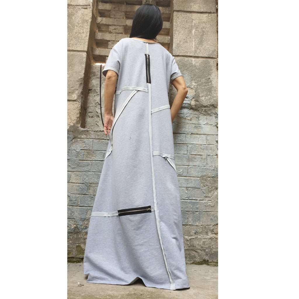 Grey Maxi Designer Dress – Avant-Garde Cut Dress with Zippers & Exposed Seams / Cotton Fleece Jersey / Oversized Architectural Dress XS–5XL