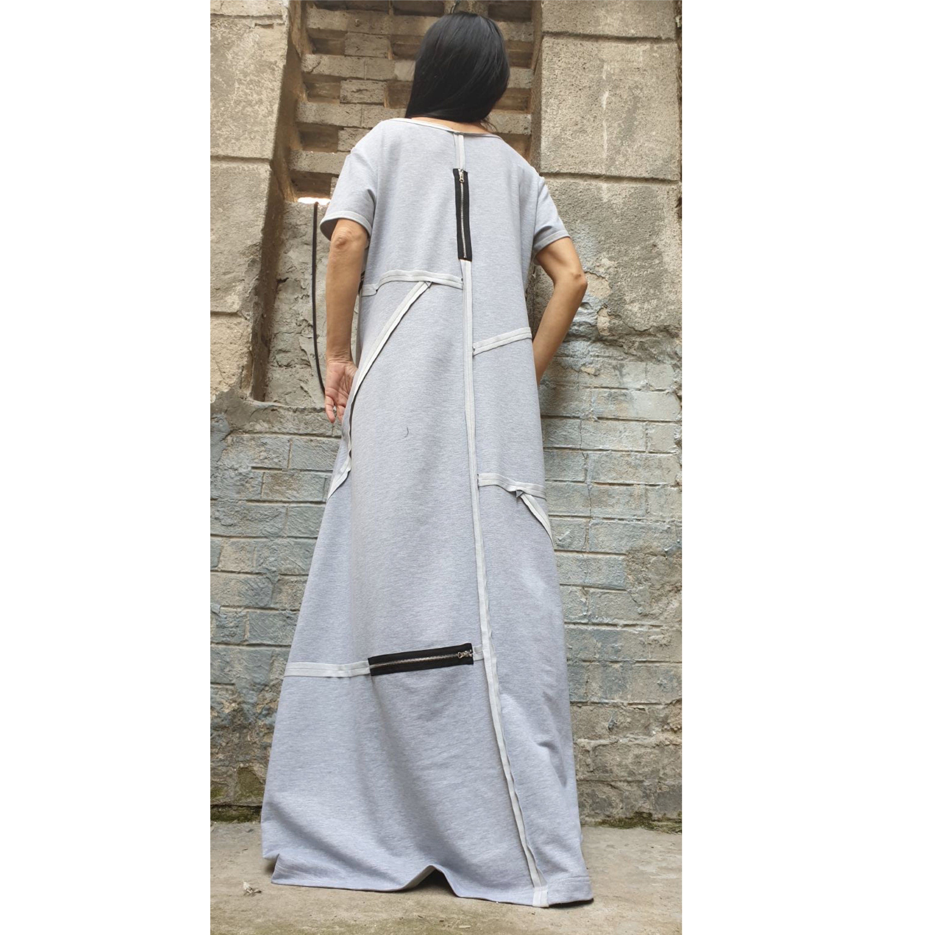 Grey Maxi Designer Dress – Avant-Garde Cut Dress with Zippers & Exposed Seams / Cotton Fleece Jersey / Oversized Architectural Dress XS–5XL