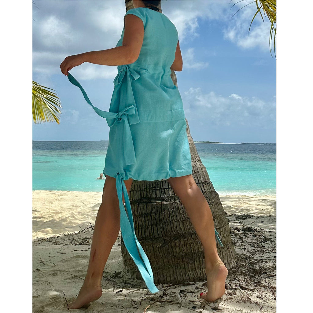 Women’s Light Blue Linen Dress – Sleeveless Summer Tunic with Side Ties / Beachwear Resort