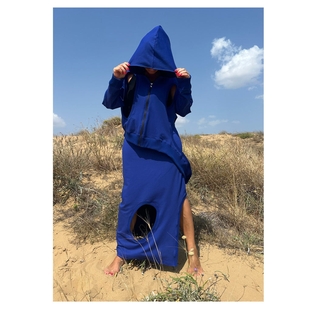 Asymmetric Cut-Out Skirt and Hoodie Set / Handmade Cotton Two-Piece Outfit / Avantgarde Streetwear