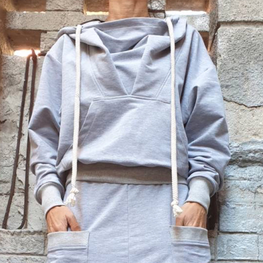 Cotton Hooded Blouse: Sport Elegant Grey Long Sleeve Top