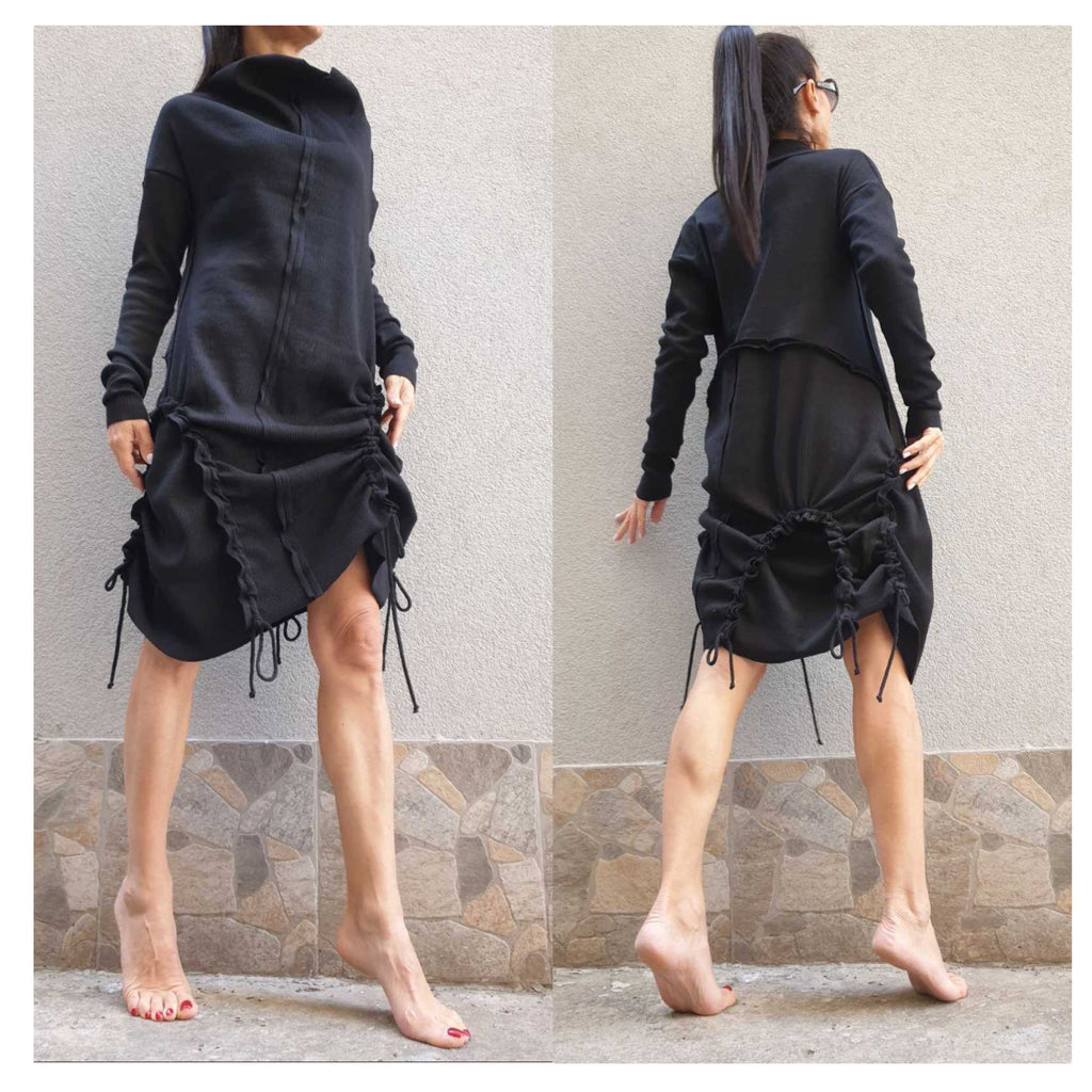 Black Asymmetric Tunic Dress – Long Sleeve High Collar Cotton Rib Dress with Adjustable Drawstrings / XS–5XL