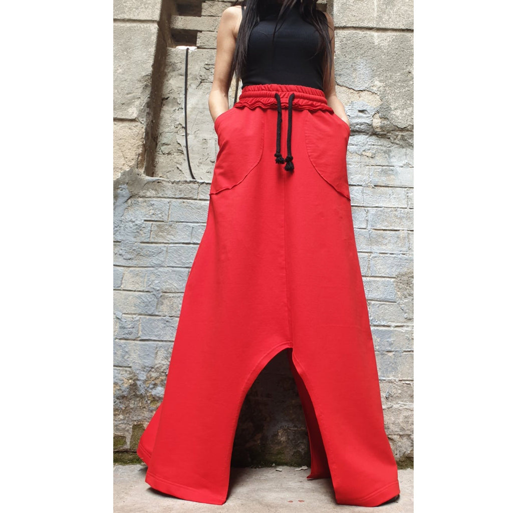 Asymmetrical Red Maxi Skirt / High Waist Cotton Skirt with Pockets / Avant-Garde Style
