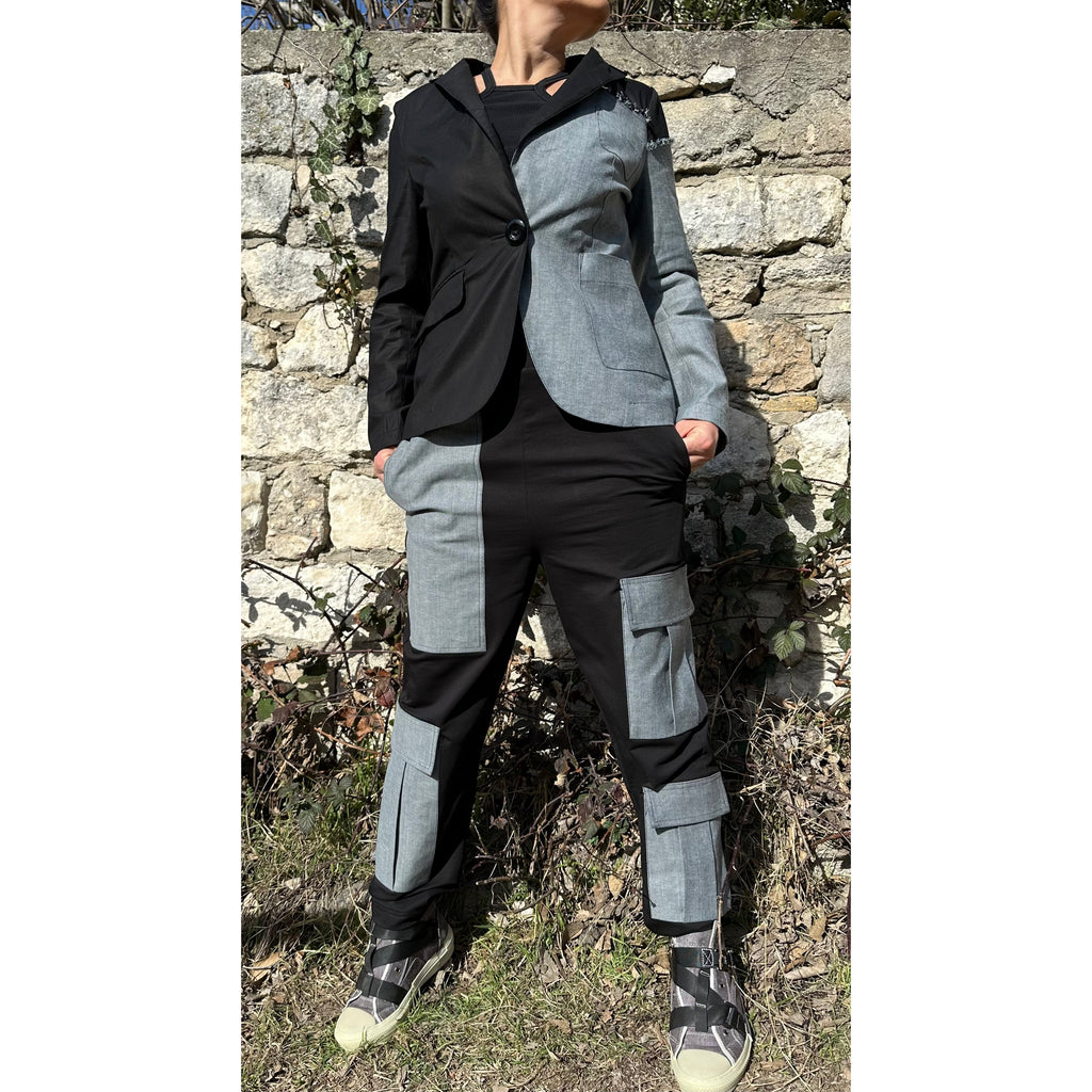 Women’s Two-Piece Suit – Cotton & Denim Blazer and Pants Set / Asymmetric Urban Style