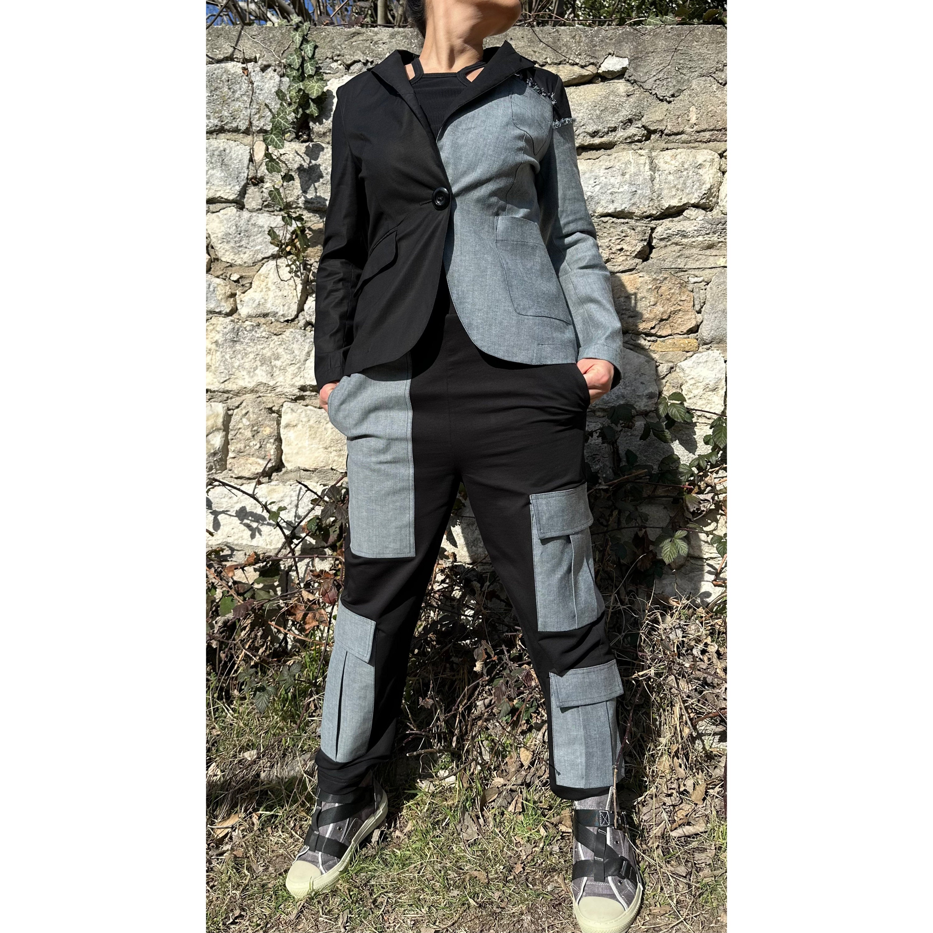 Women’s Two-Piece Suit – Cotton & Denim Blazer and Pants Set / Asymmetric Urban Style