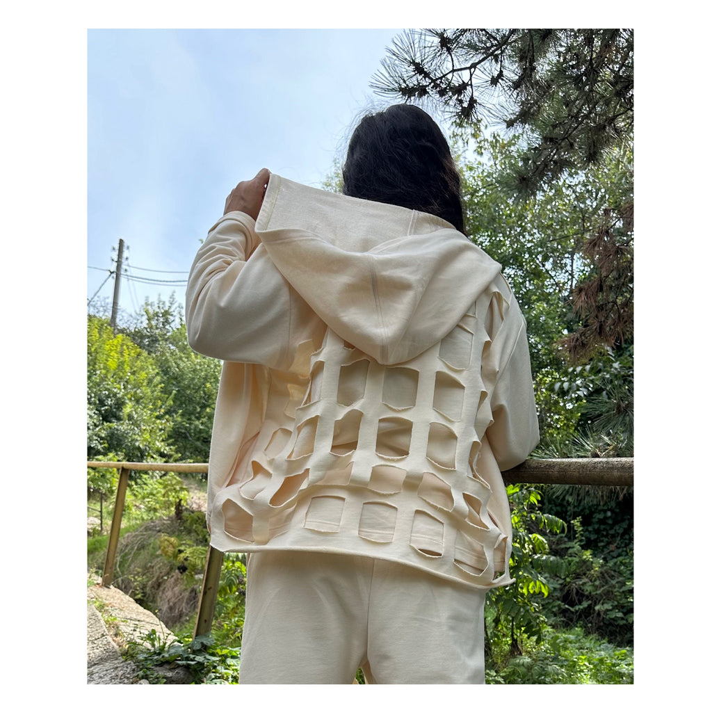 Cream Cotton Cut-Out Hoodie – Zip-Up Hooded Top with Side Pockets